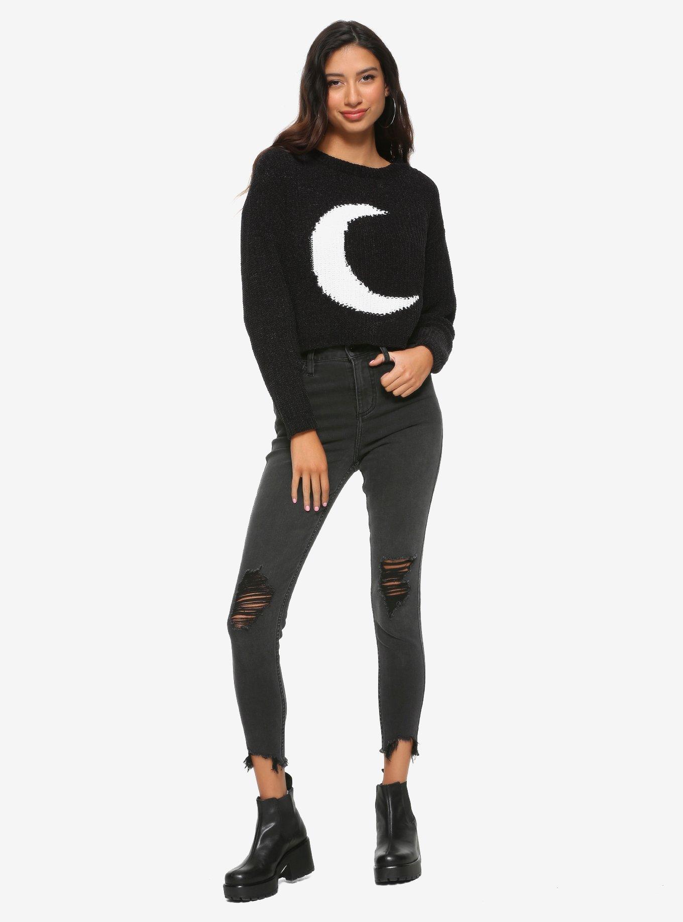 Black & White Crescent Moon Girls Crop Sweater, WHITE, alternate