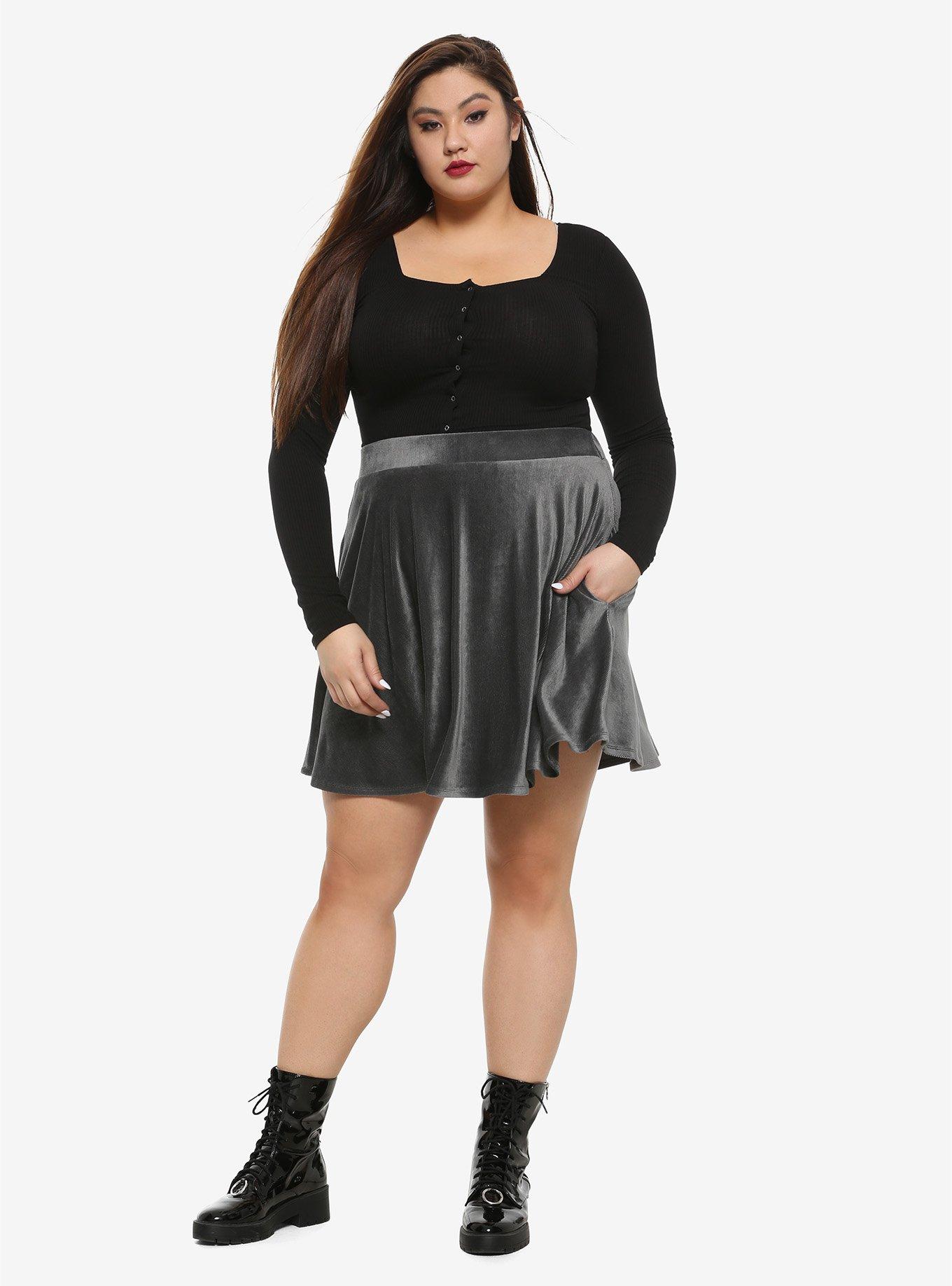 Charcoal Corduroy Skater Skirt Plus Size, , alternate