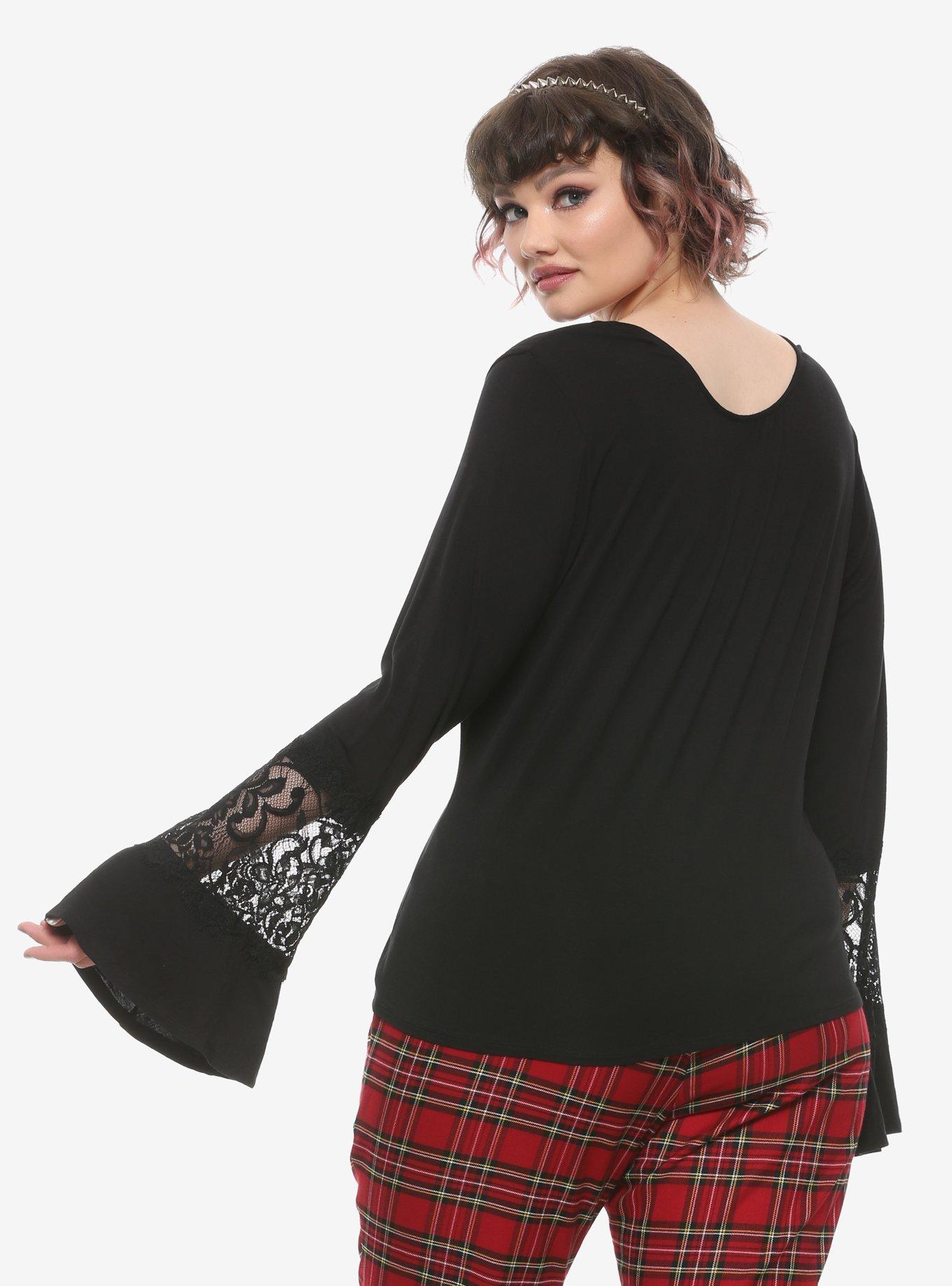 Black Sweetheart Neckline Bell Sleeve Girls Top Plus Size, BLACK, alternate