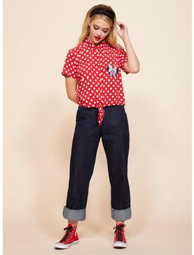 Plus Size Her Universe Disney Minnie Mouse Polka Dots Pocket Tie-Front Woven Button-Up, , hi-res