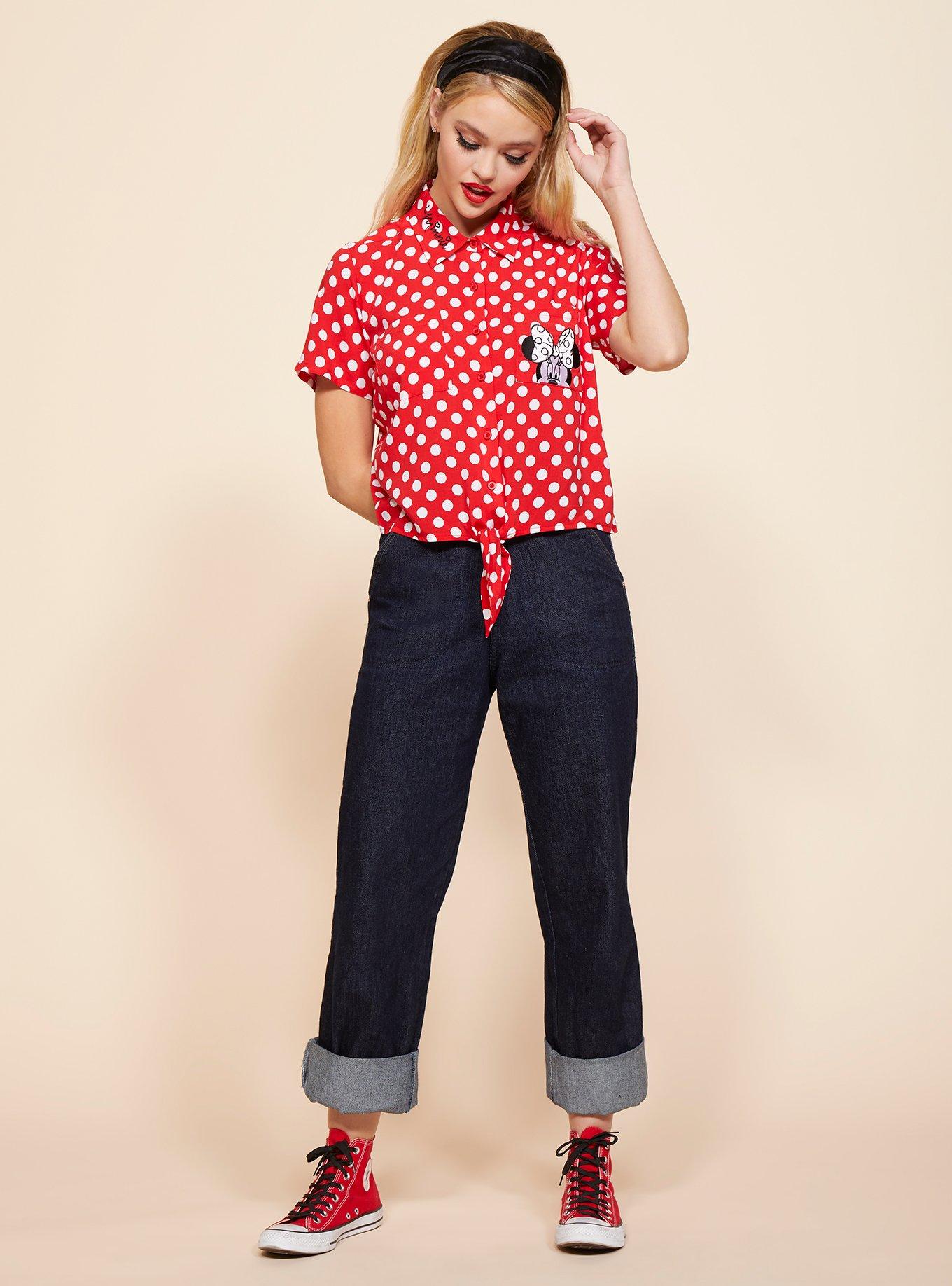 Her Universe Disney Minnie Mouse Polka Dots Pocket Tie-Front Woven Button-Up, MULTI, alternate