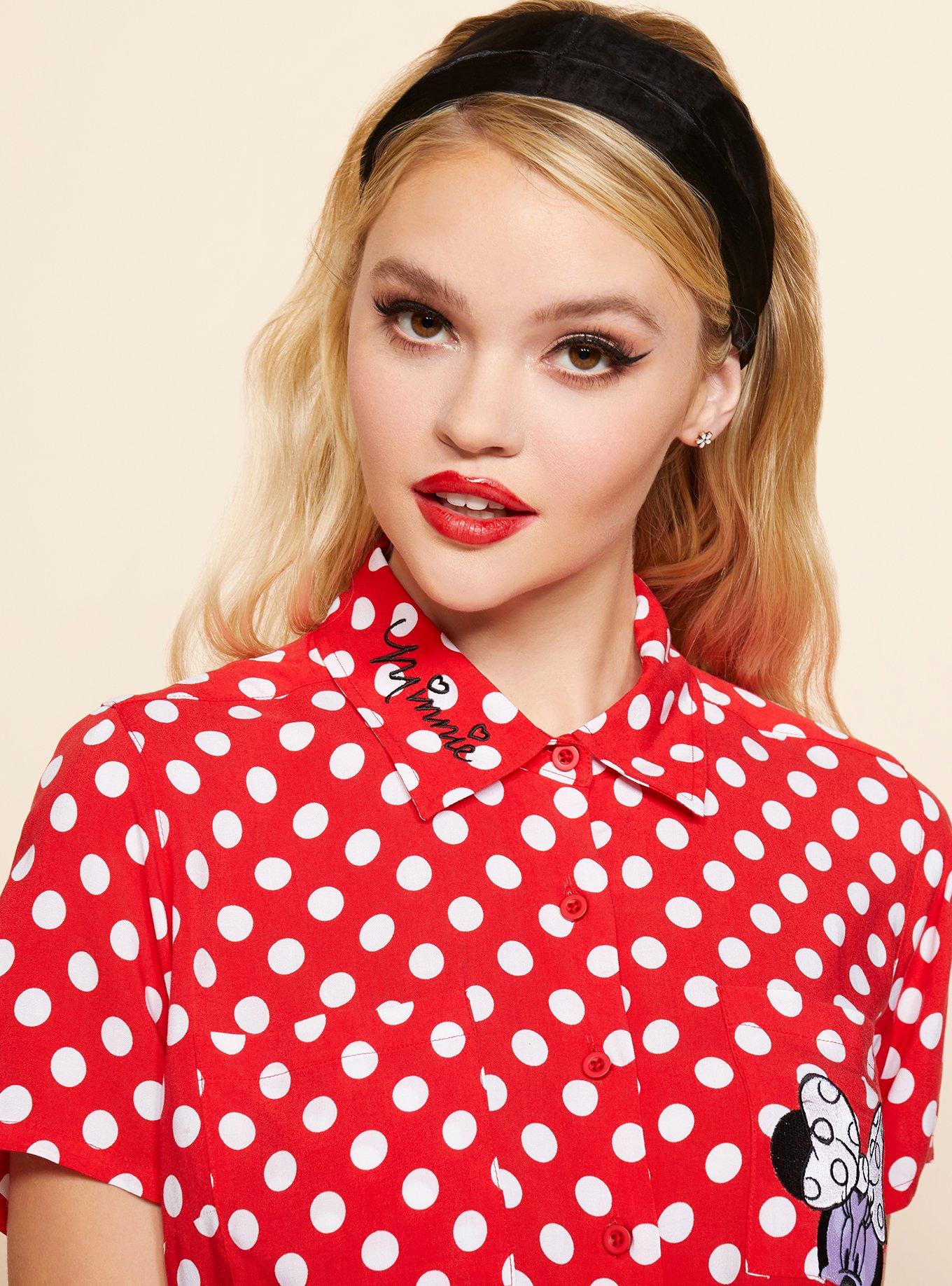 Her Universe Disney Minnie Mouse Polka Dots Pocket Tie-Front Woven Button-Up, MULTI, alternate