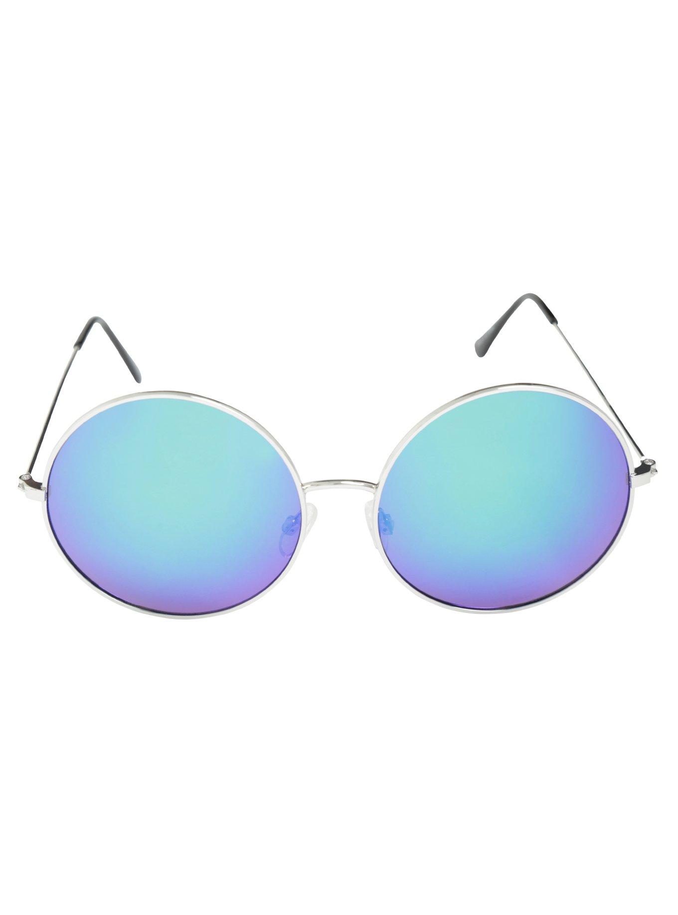 Purple Mirror Lens Silver Round Sunglasses, , alternate