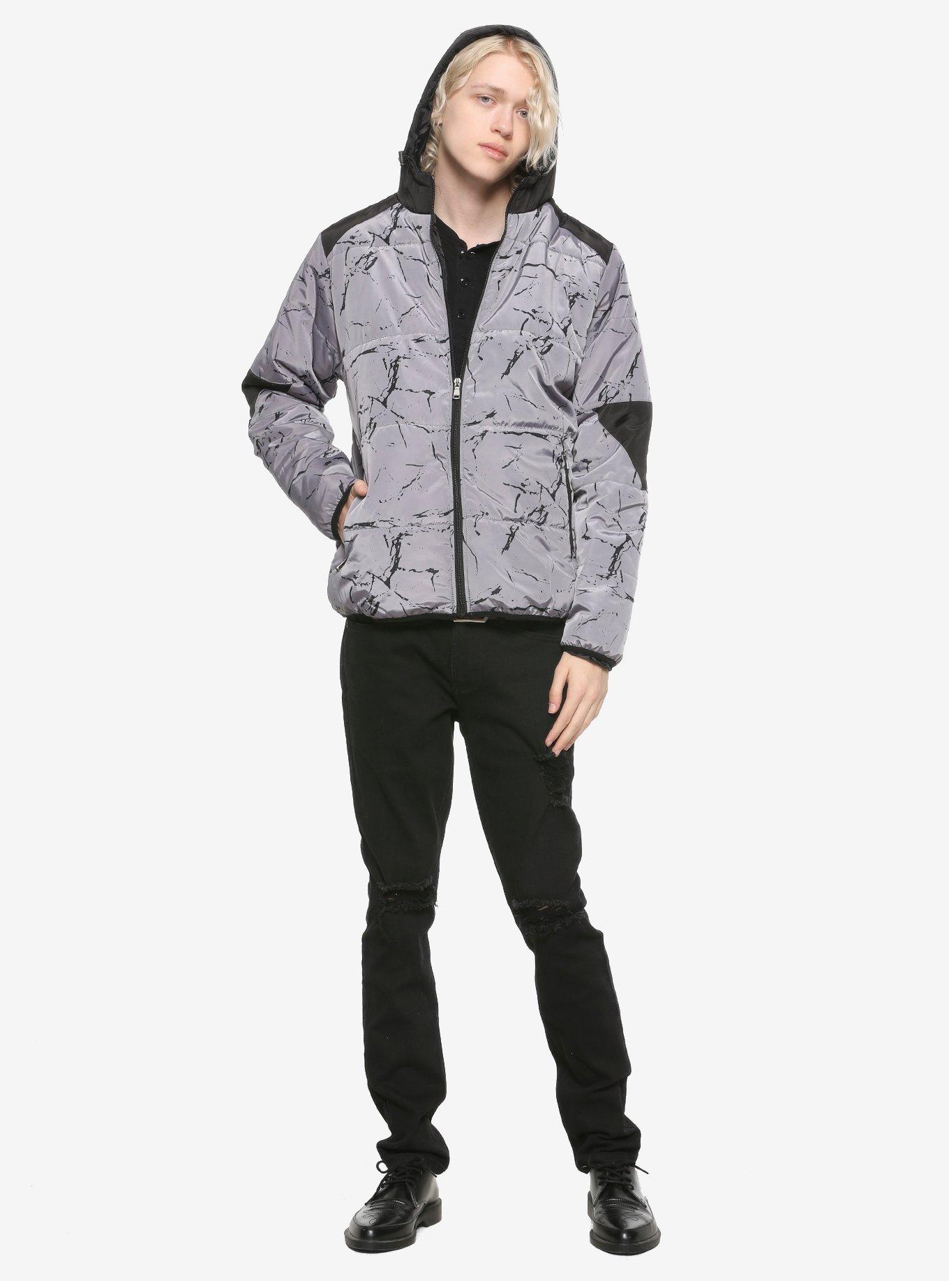 Black & Grey Reflective Puffer Jacket, GREY, alternate