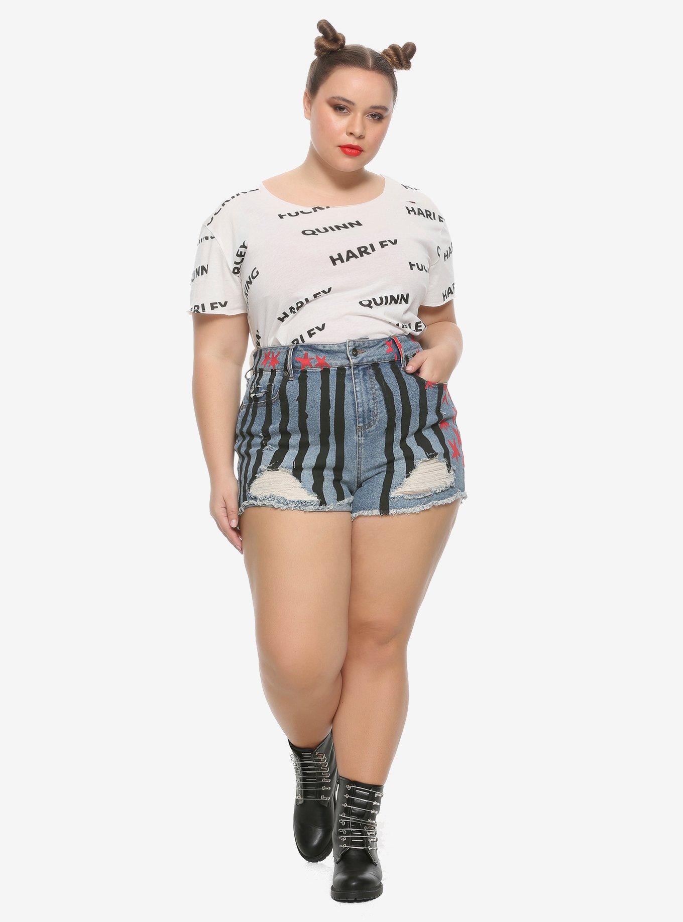 Her Universe DC Comics Birds Of Prey Harley Quinn Destructed Hi-Rise Shorts Plus Size, INDIGO, alternate