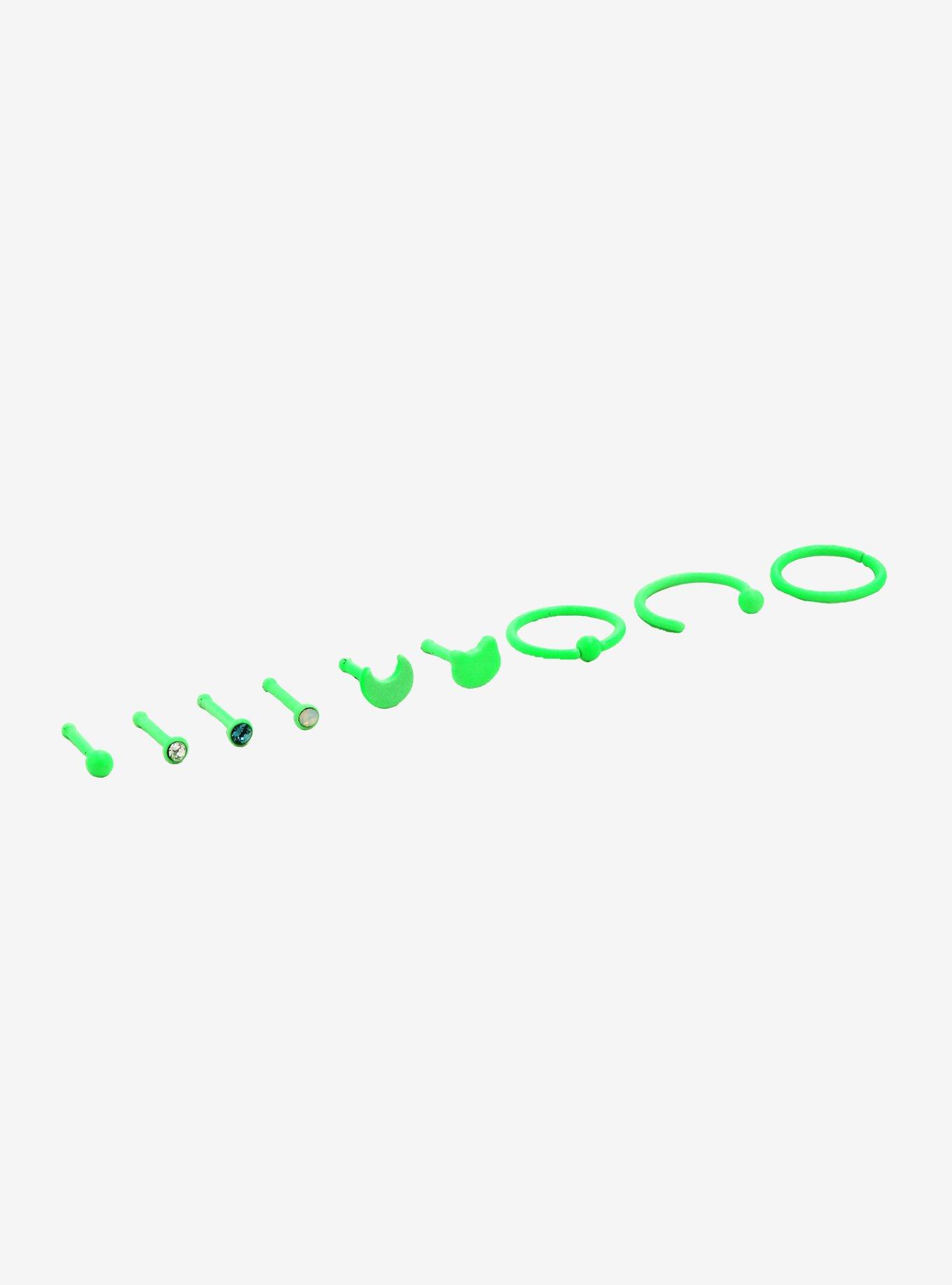 Steel Lime Green Glow-In-The-Dark Nose Stud & Hoop 9 Pack, MULTI, alternate