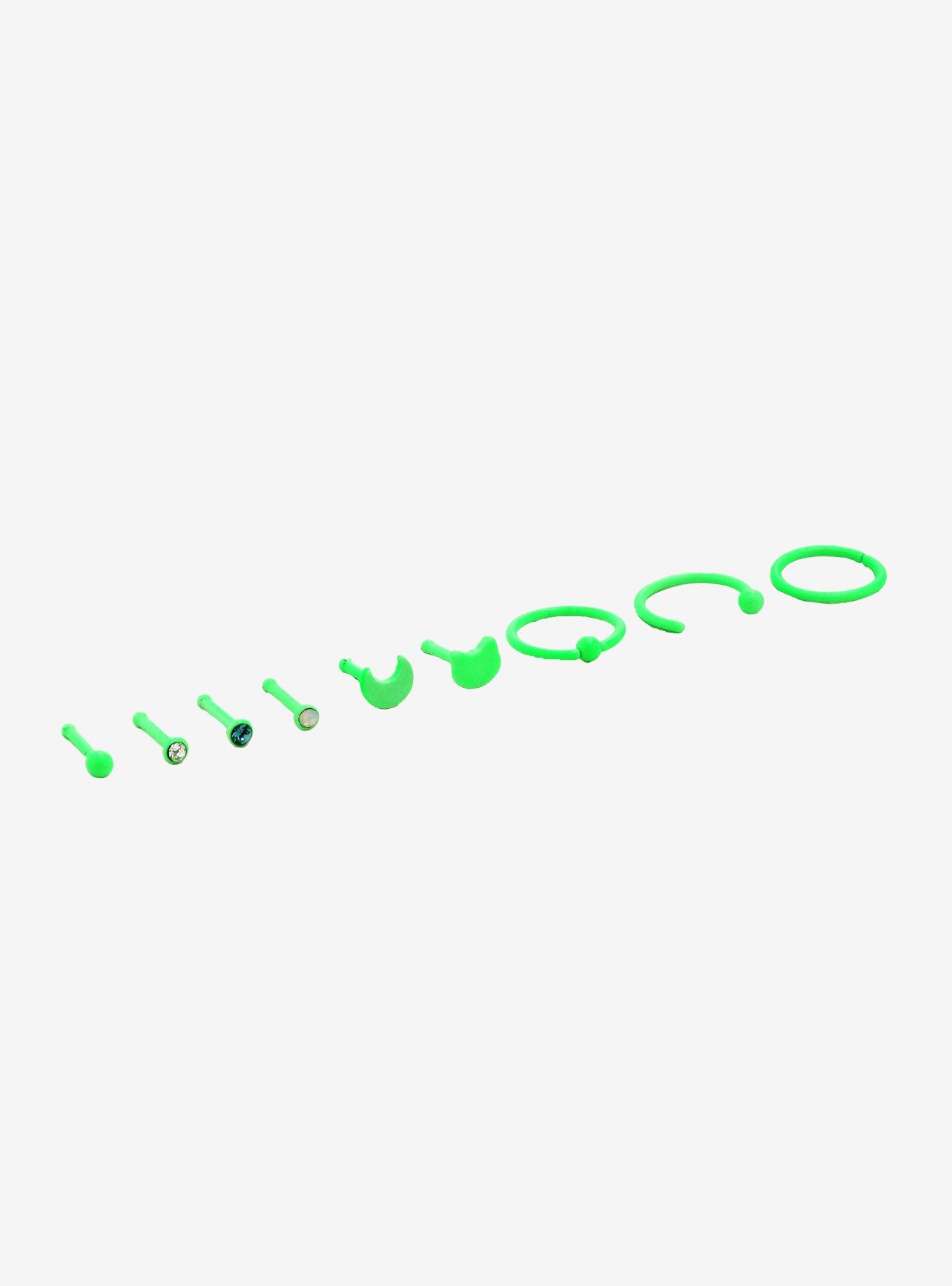 Steel Lime Green Glow-In-The-Dark Nose Stud & Hoop 9 Pack, MULTI, alternate