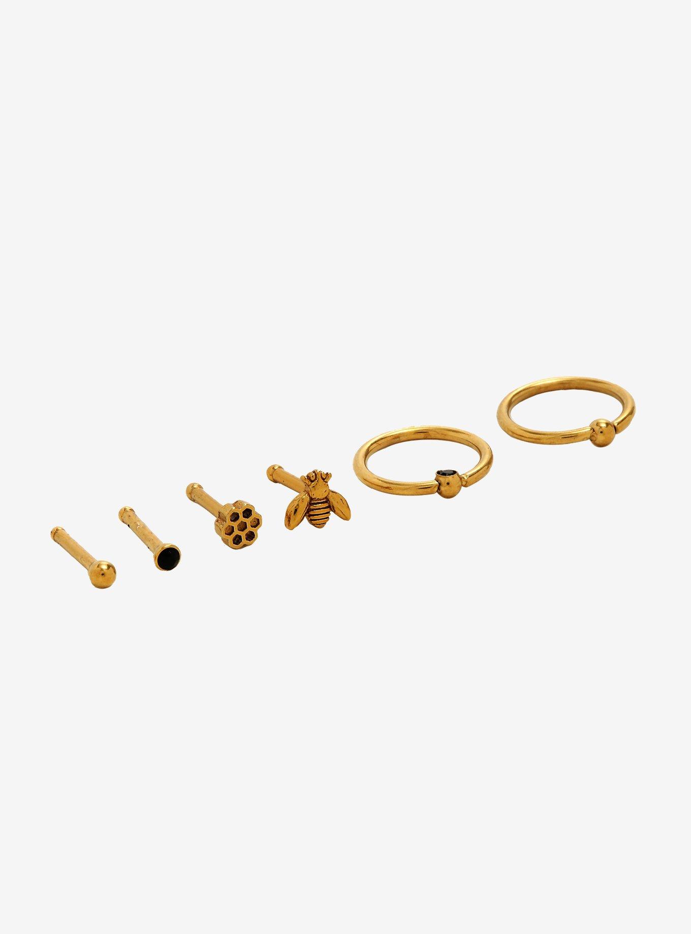 Steel Gold Bee Nose Stud & Hoop 6 Pack, , alternate