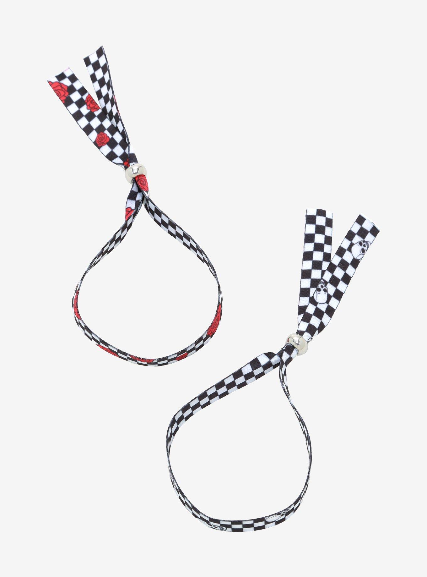 Rose Skull Black & White Checkered Fabric Bracelet Set, , alternate