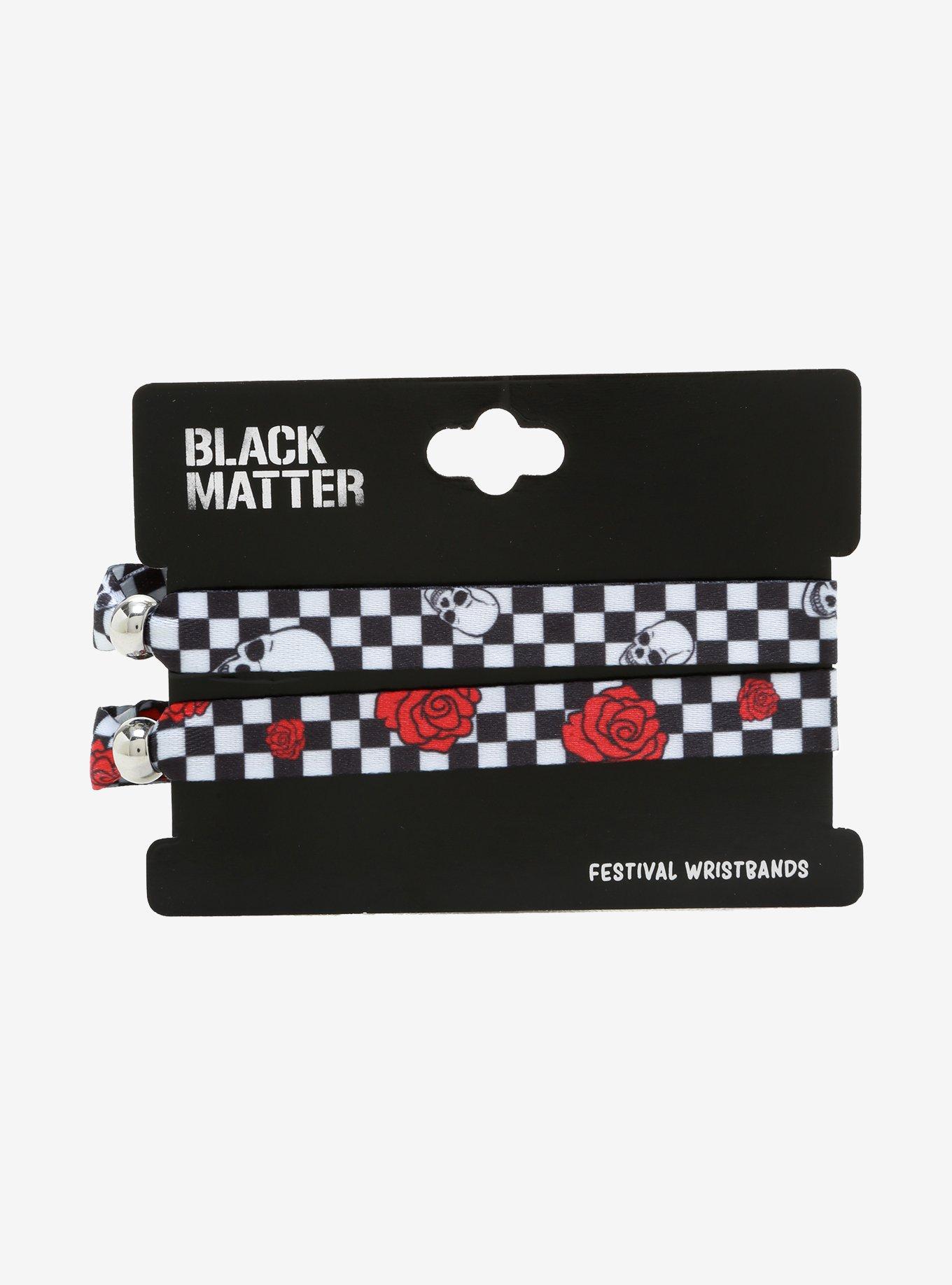 Rose Skull Black & White Checkered Fabric Bracelet Set, , alternate