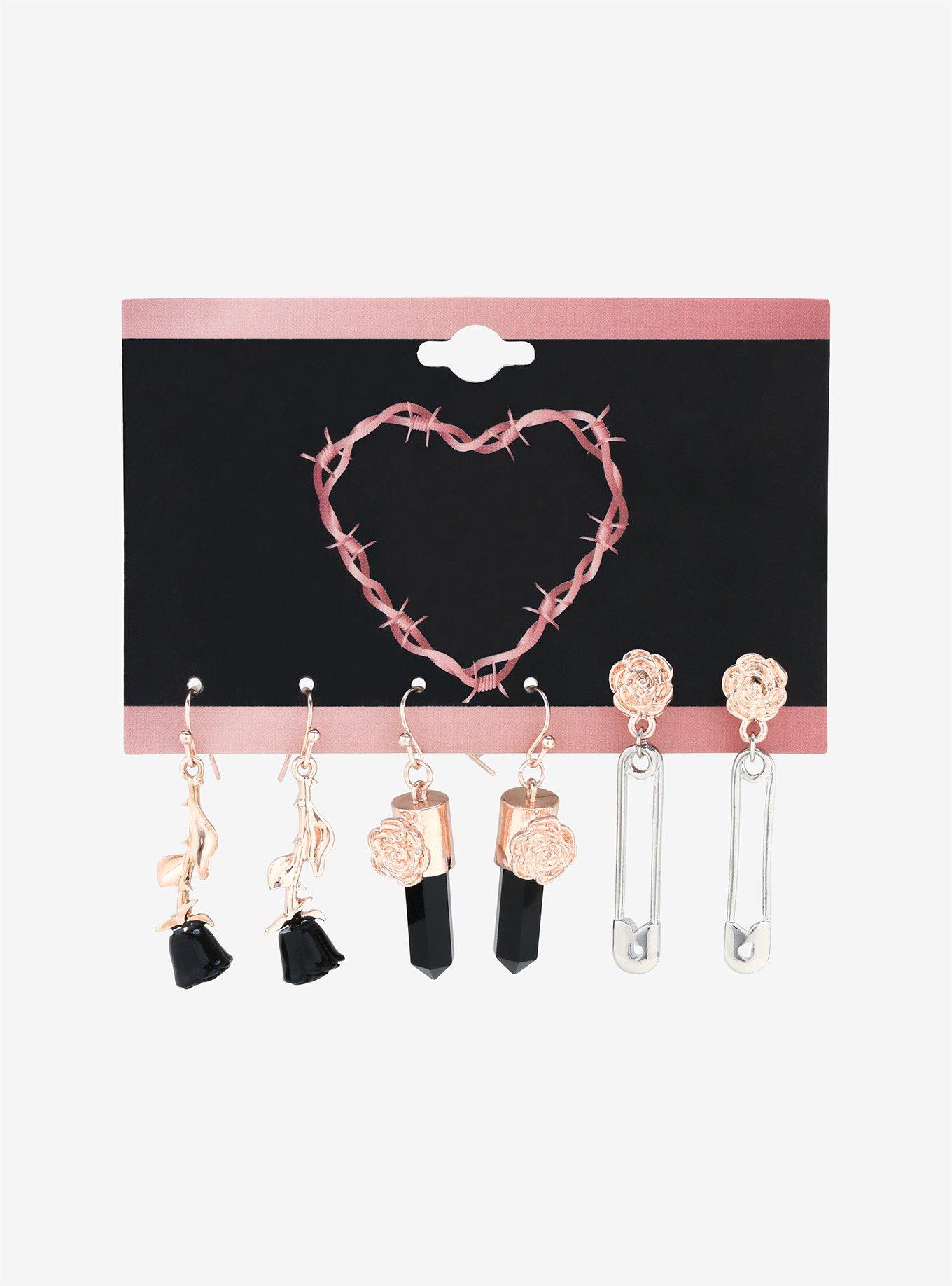 Black Rose Safety Pin Earring Set, , alternate