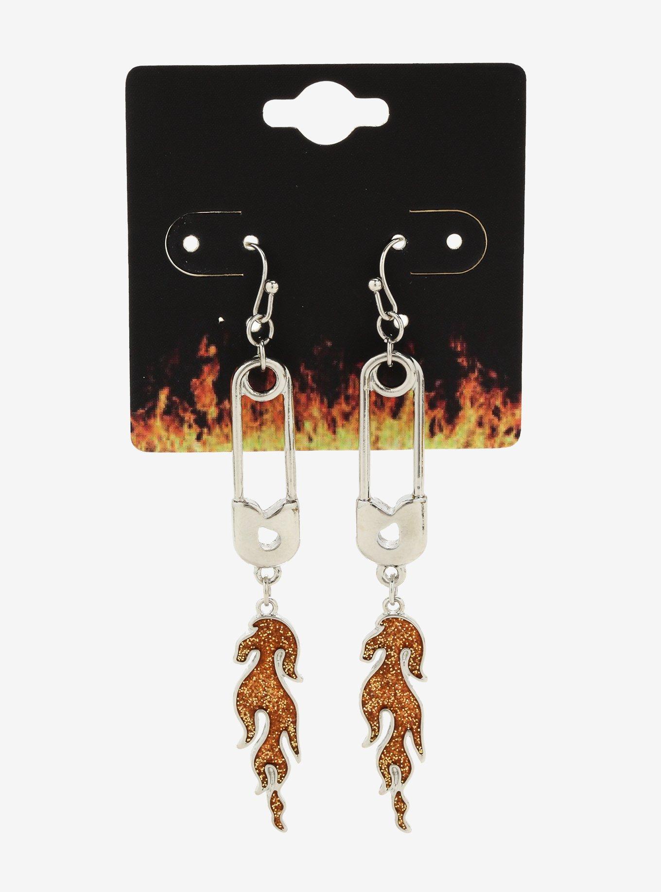 Safety Pin Flame Drop Earrings, , alternate
