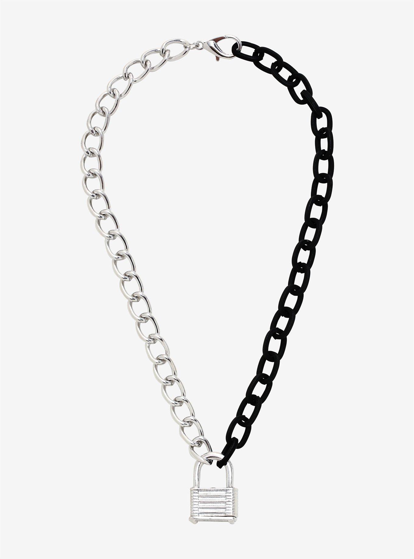 Black & Silver Padlock Chain Necklace, , alternate