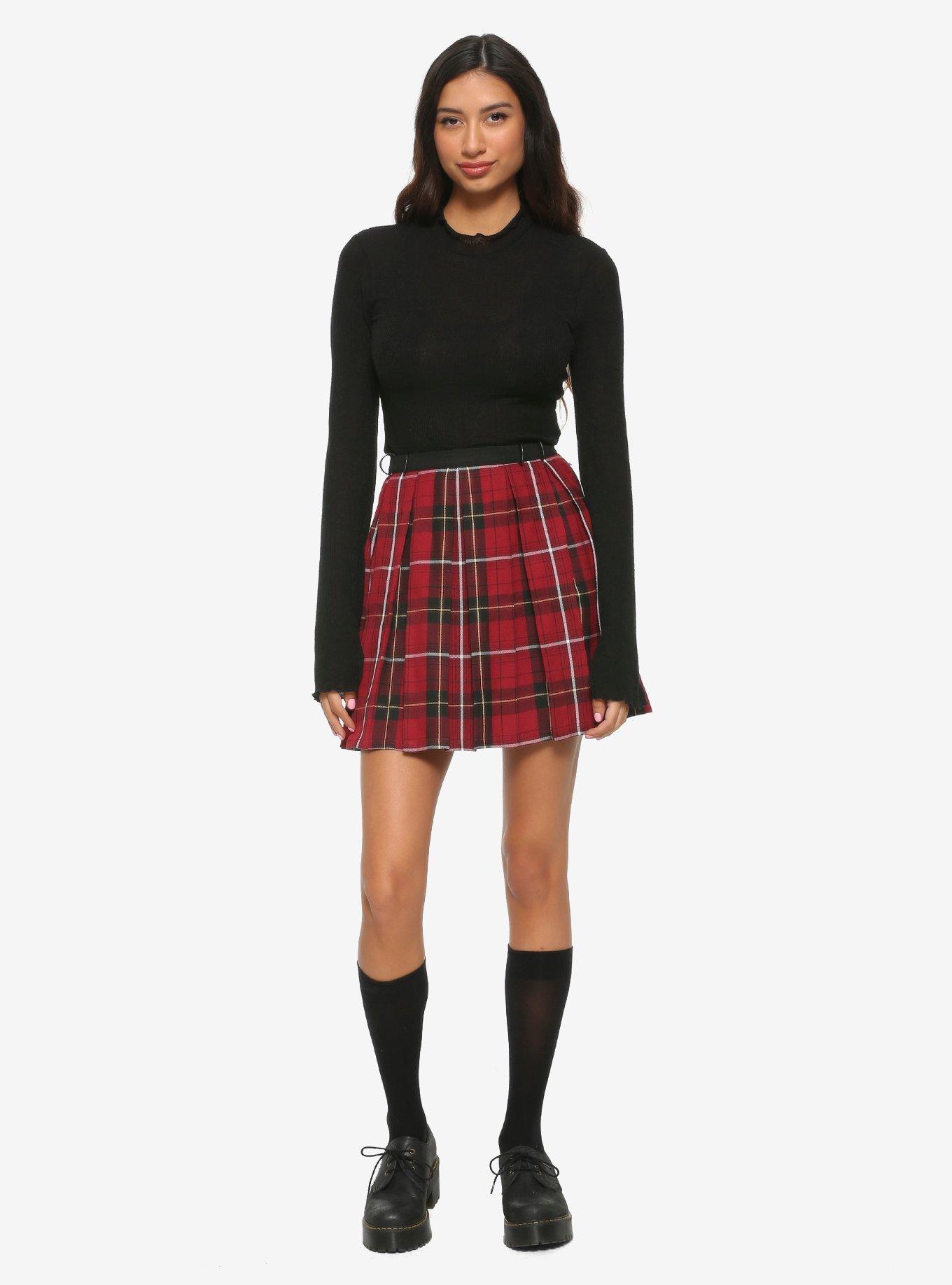 Burgundy Plaid D-Ring Skirt, PLAID - RED, alternate