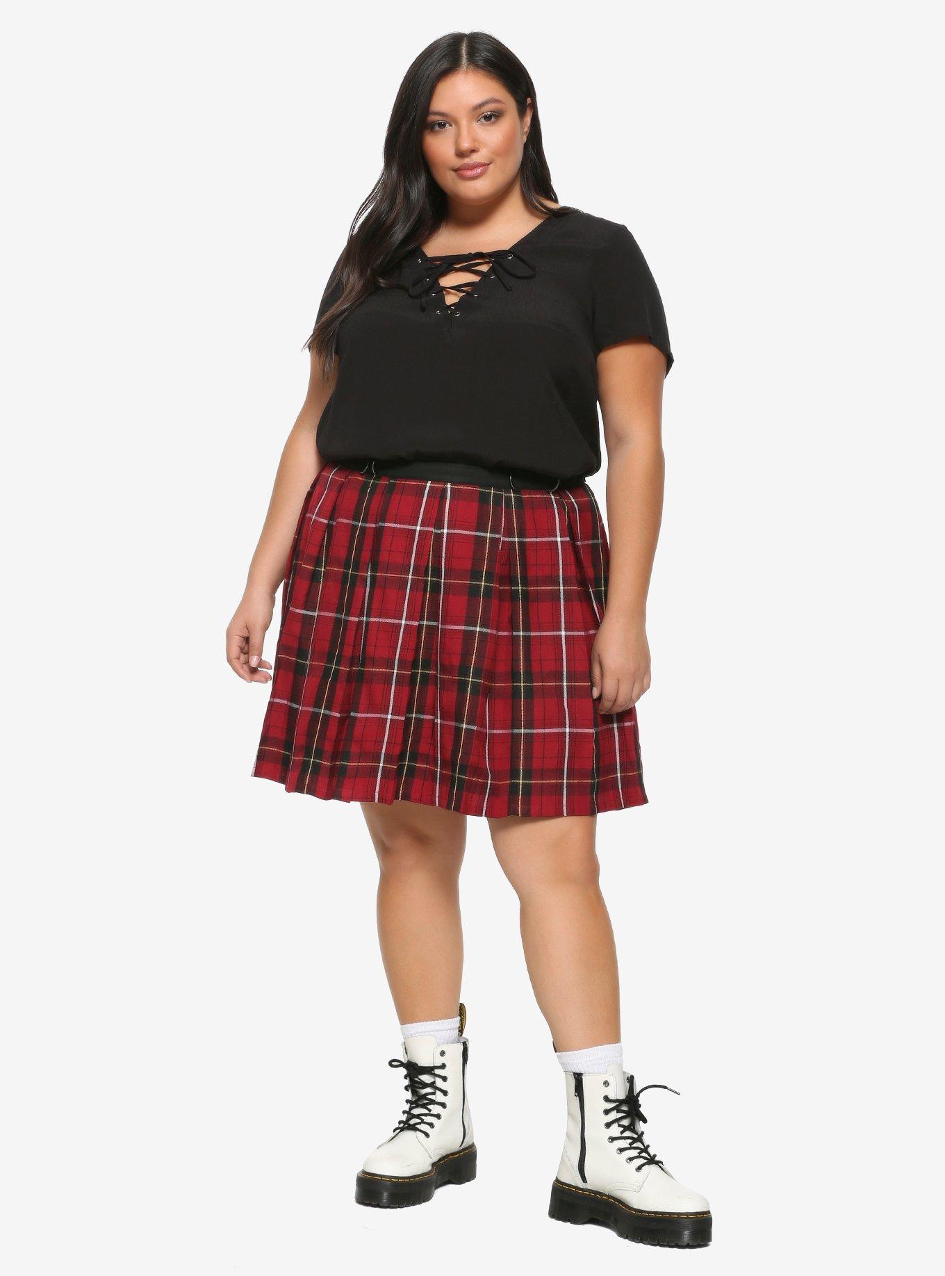 Burgundy Plaid D-Ring Skirt Plus Size, PLAID - RED, alternate