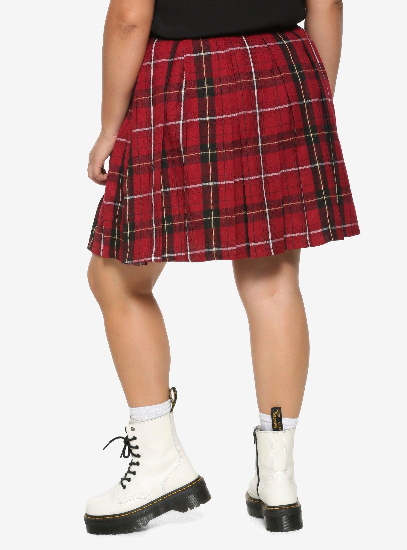 Burgundy Plaid D-Ring Skirt Plus Size, PLAID - RED, alternate