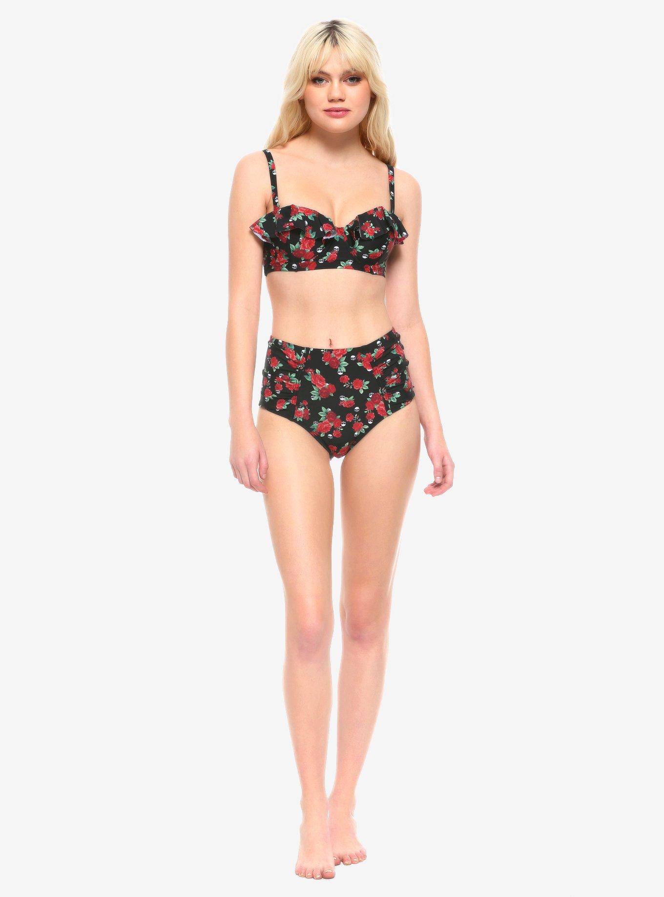 Roses & Skulls Ruched High-Waisted Swim Bottoms, MULTI, alternate