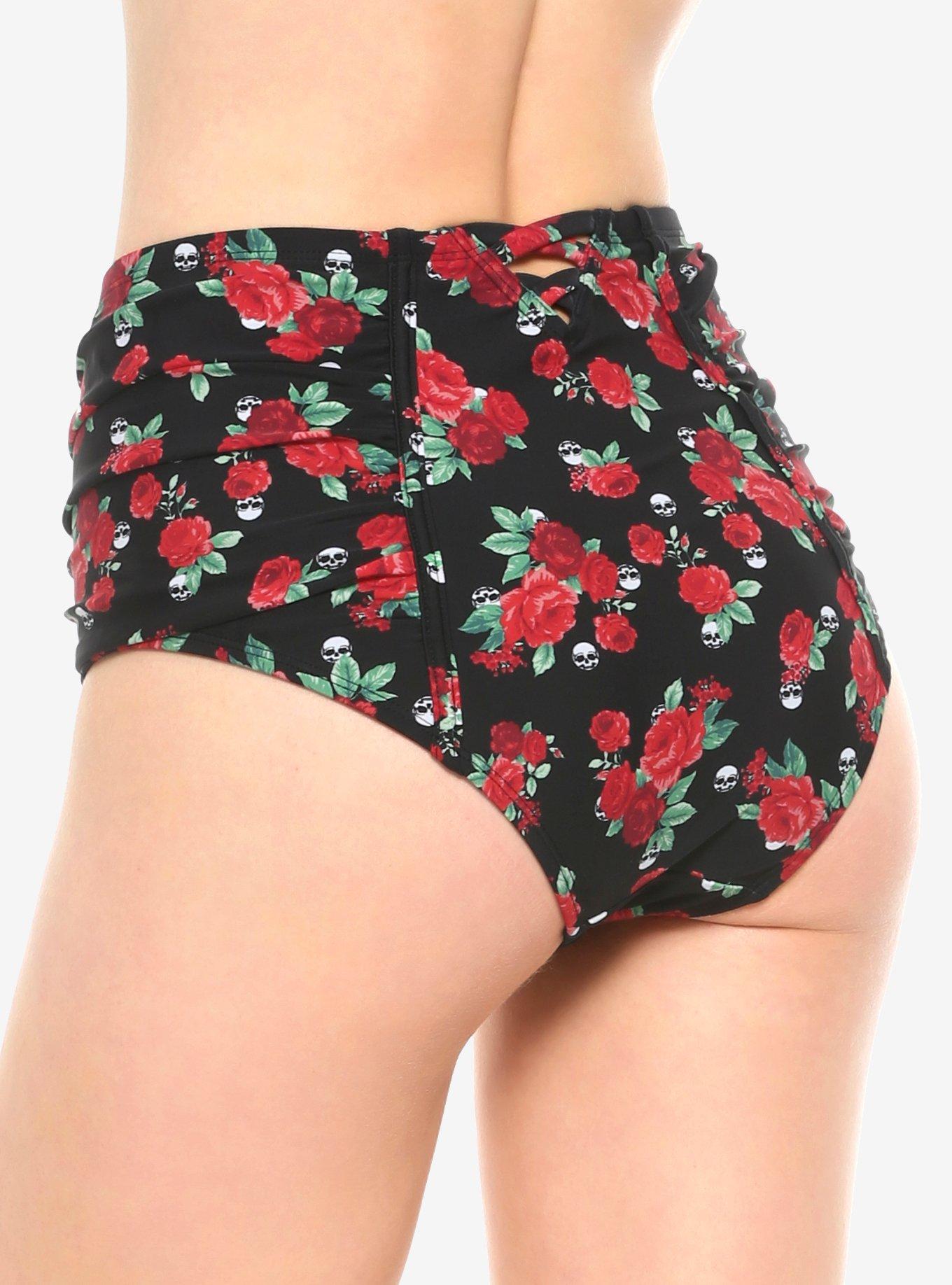 Roses & Skulls Ruched High-Waisted Swim Bottoms, MULTI, alternate
