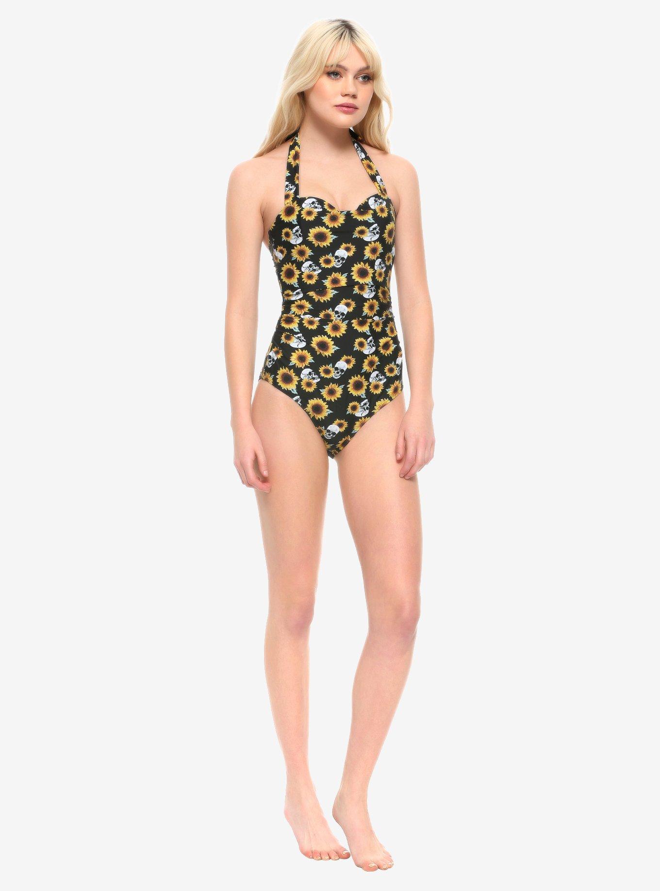 Sunflowers & Skulls Halter Swimsuit, MULTI, alternate