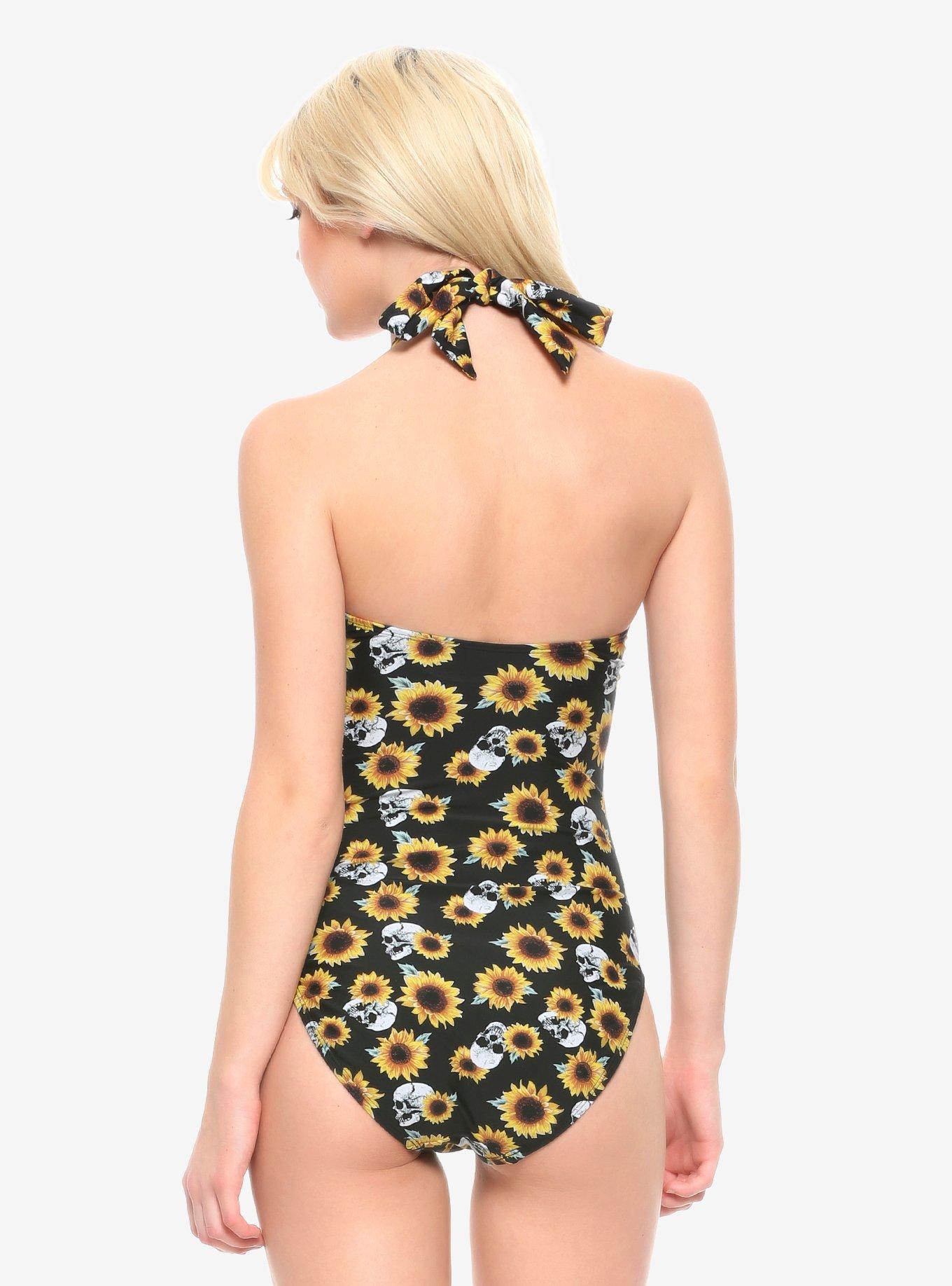 Sunflowers & Skulls Halter Swimsuit, MULTI, alternate