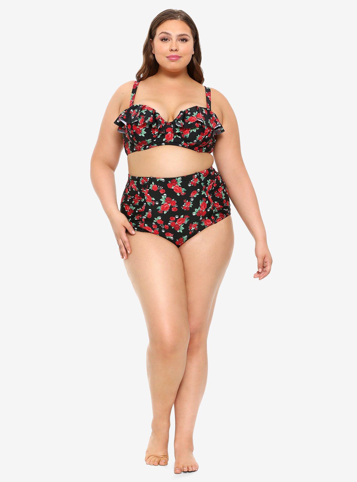 Roses & Skulls Ruffle Swim Top Plus Size, MULTI, alternate