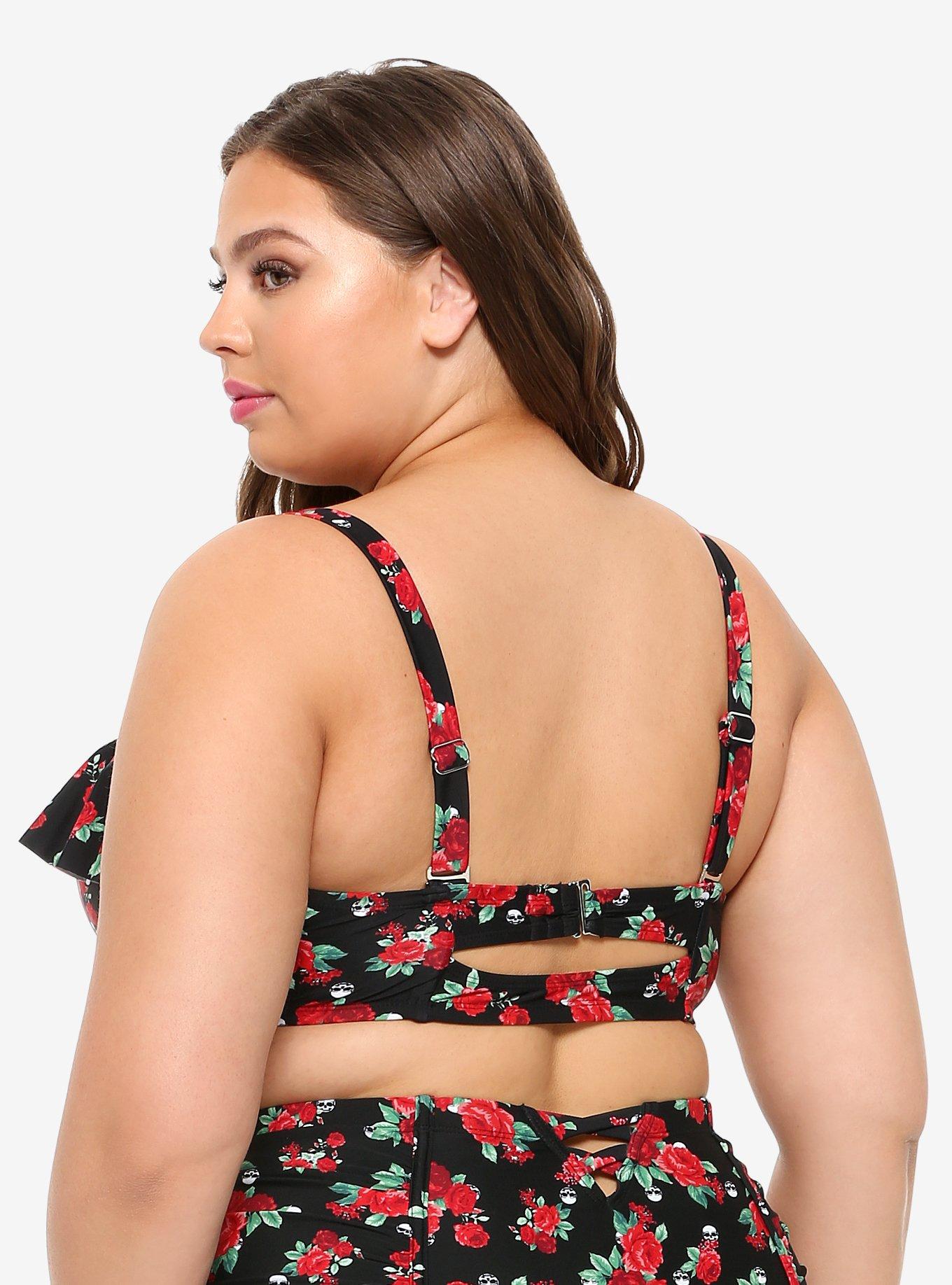 Roses & Skulls Ruffle Swim Top Plus Size, MULTI, alternate