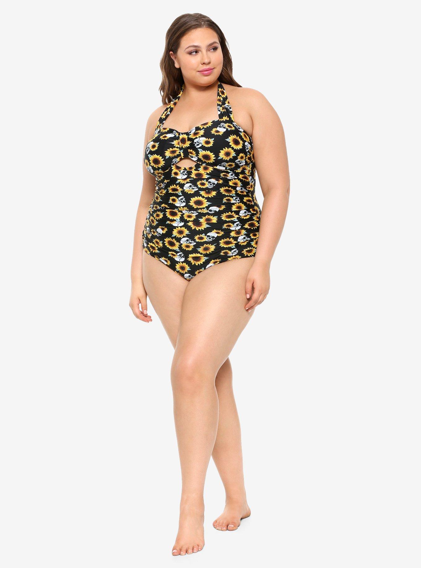 Sunflowers & Skulls Halter Swimsuit Plus Size, MULTI, alternate