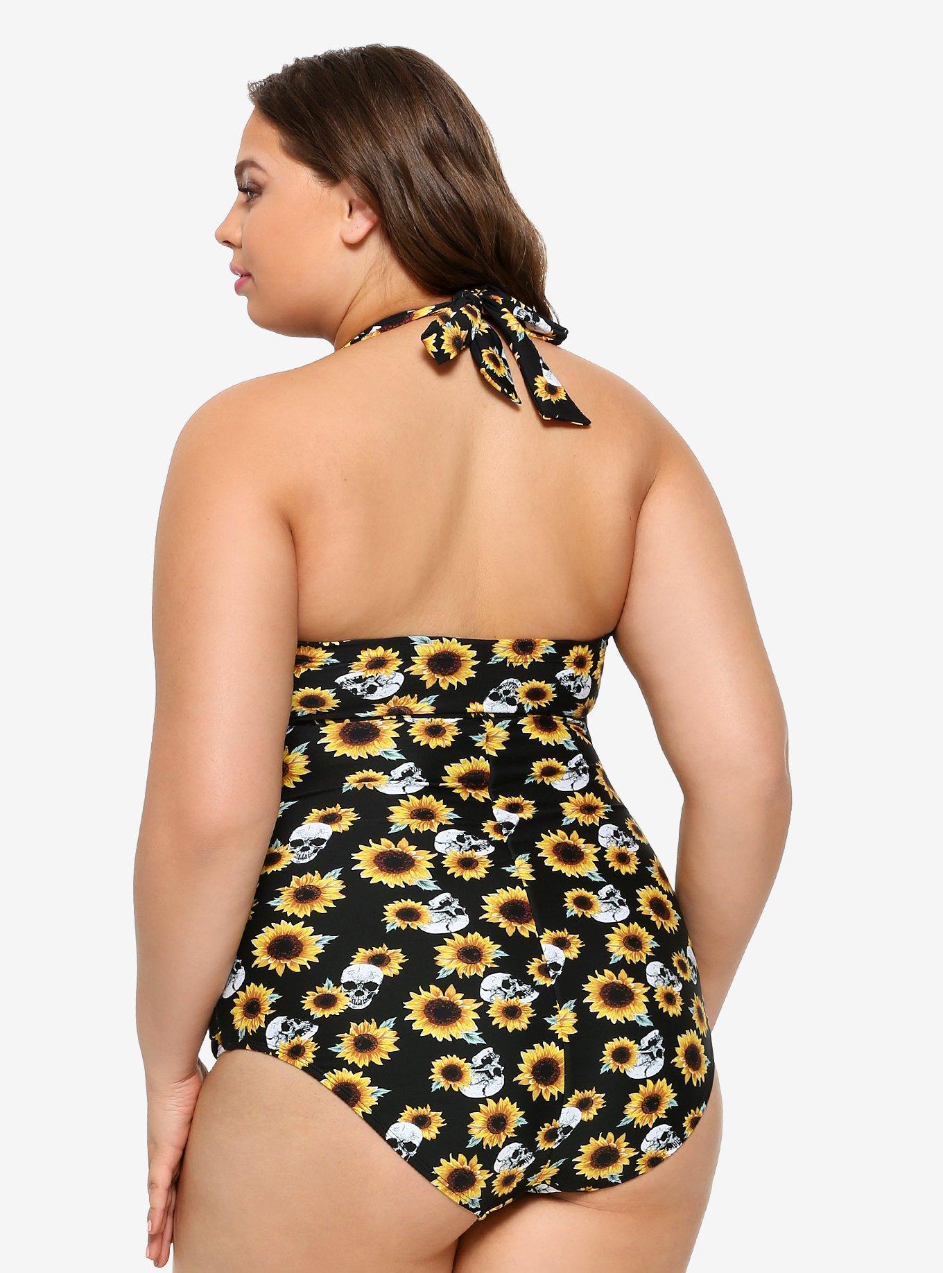 Sunflowers & Skulls Halter Swimsuit Plus Size, MULTI, alternate
