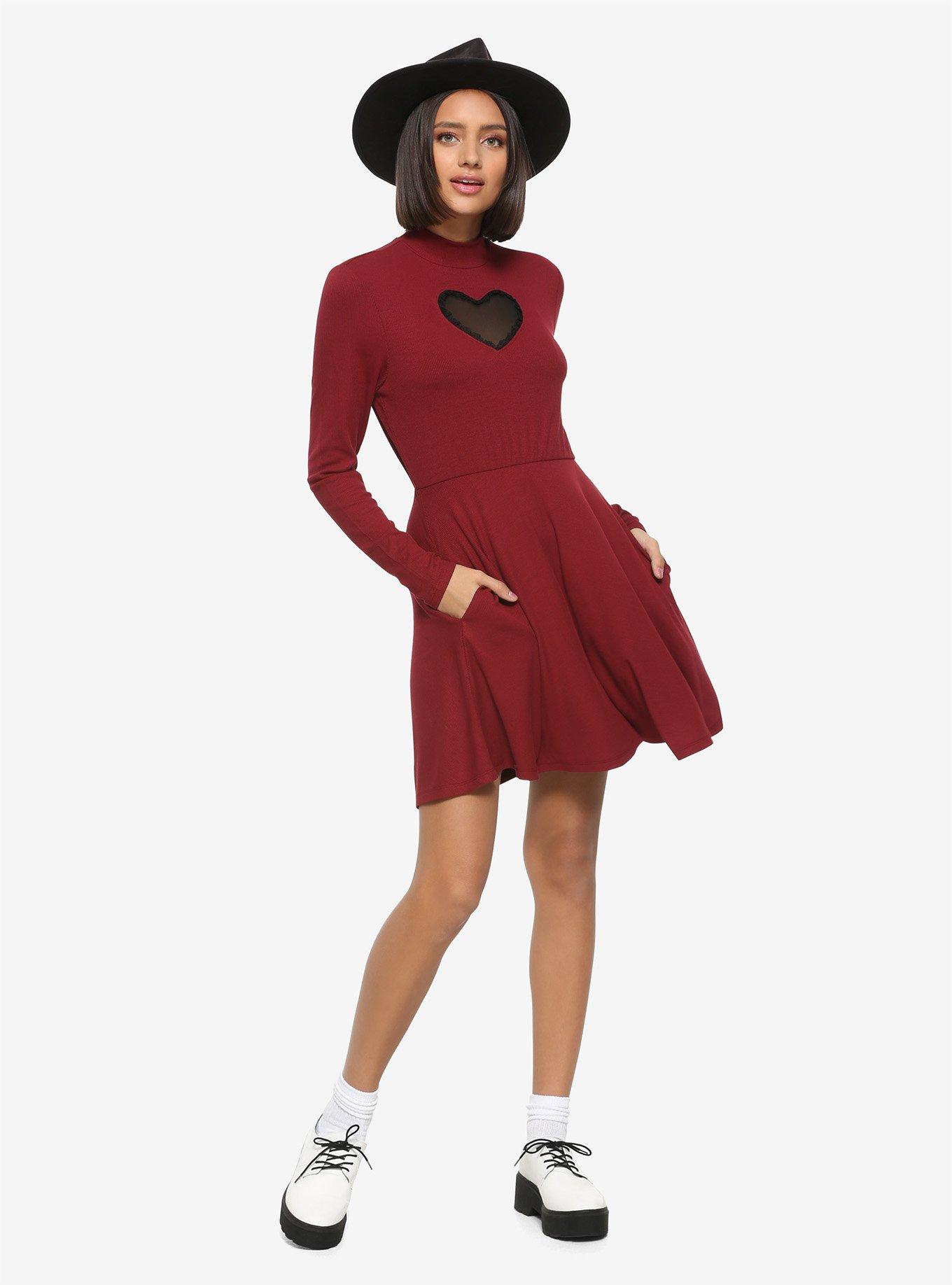 Heart Cutout Mock Neck Long-Sleeve Dress, , alternate