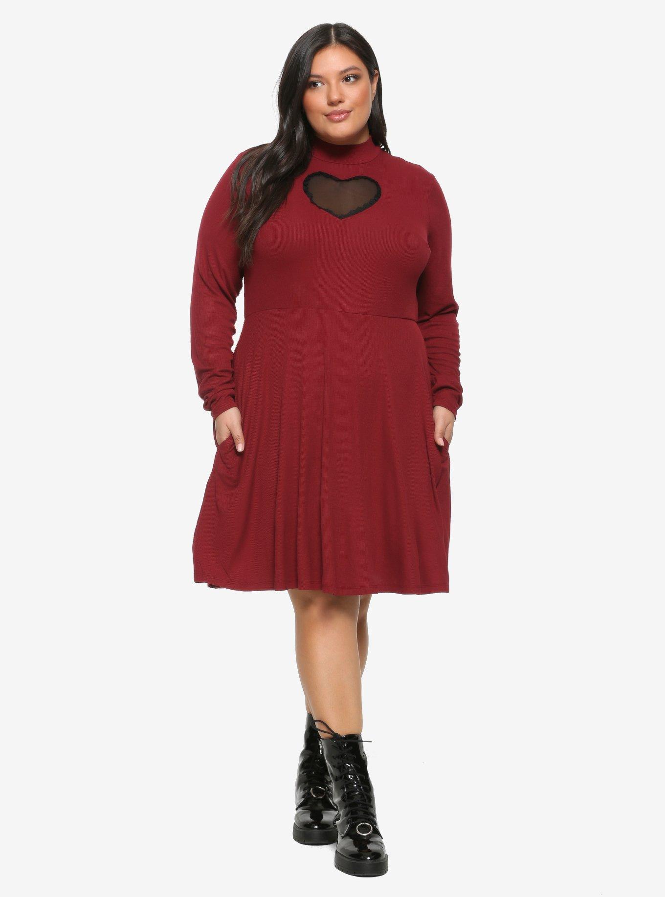 Heart Cutout Mock Neck Long-Sleeve Dress Plus Size, , alternate