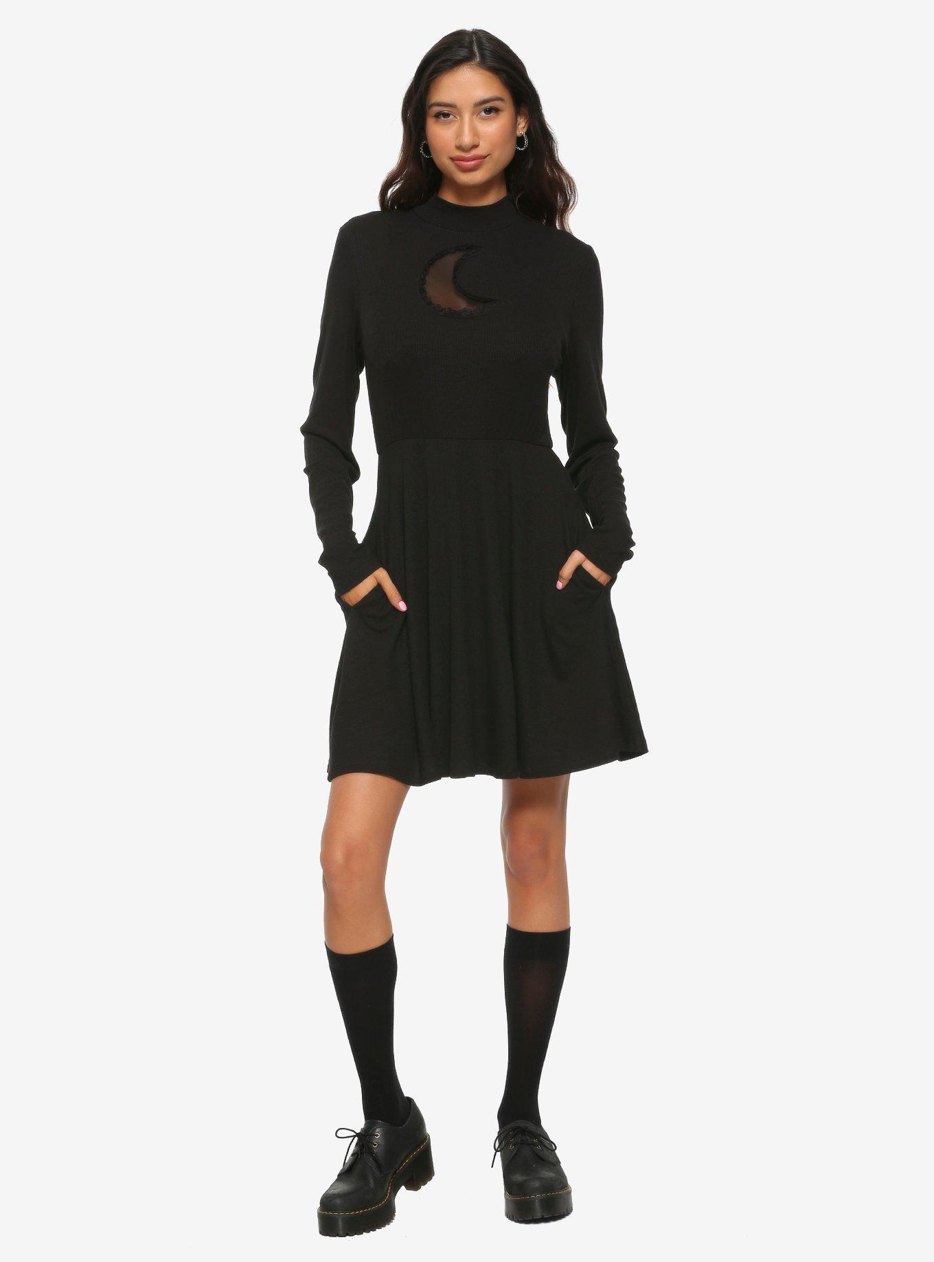 Moon Cutout Mock Neck Long-Sleeve Dress, BLACK, alternate