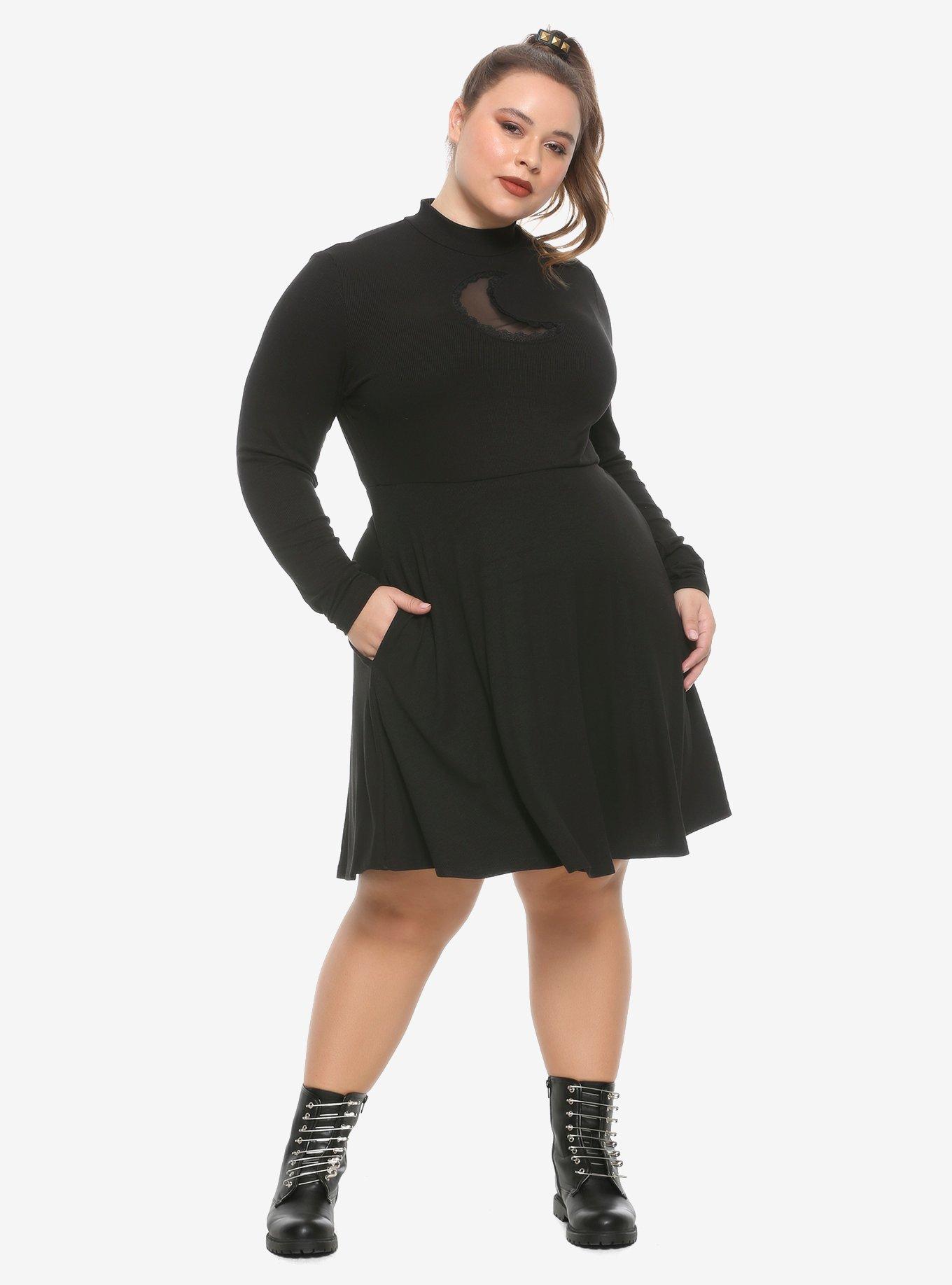 Moon Cutout Mock Neck Long-Sleeve Dress Plus Size, BLACK, alternate