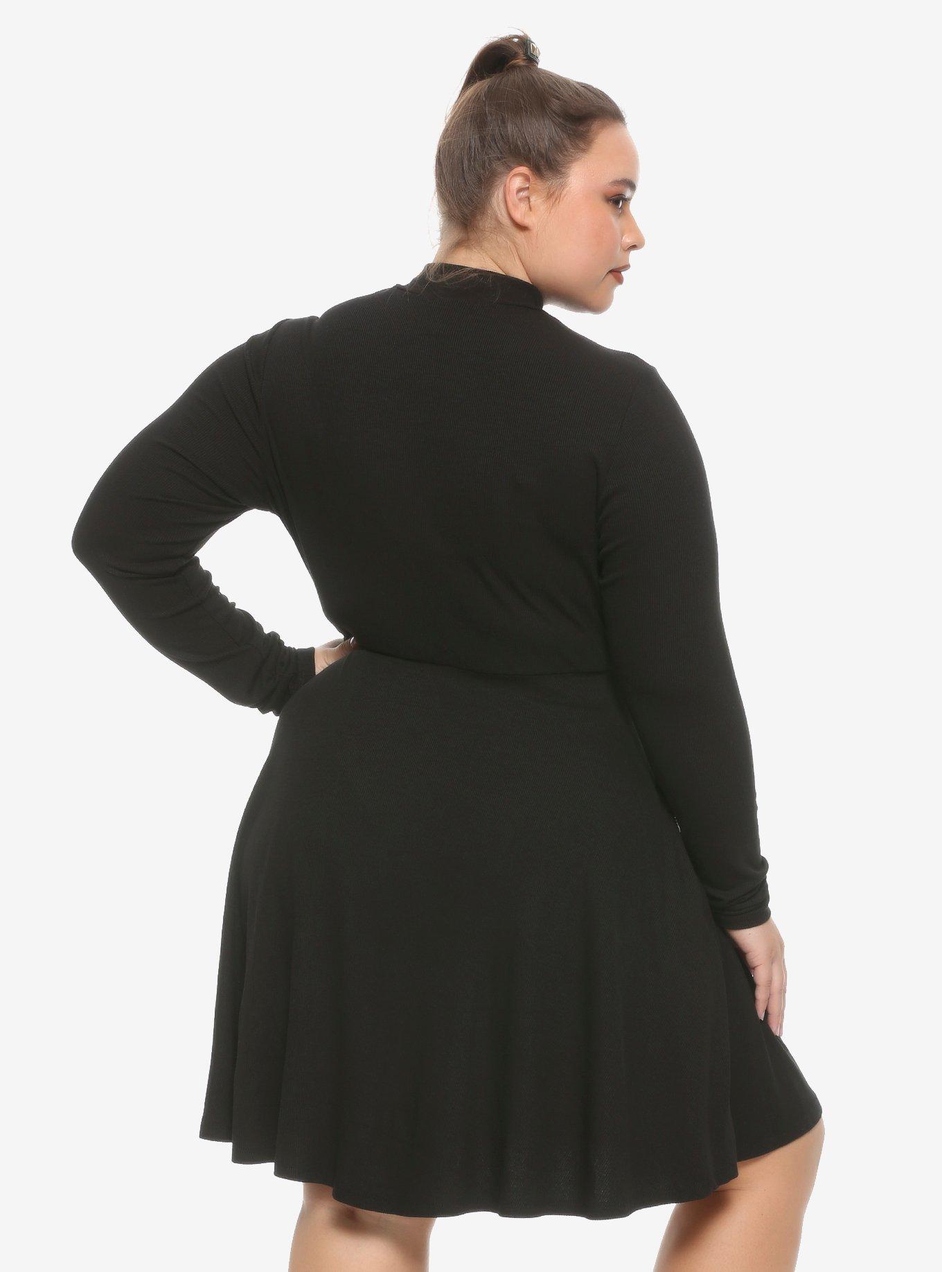 Moon Cutout Mock Neck Long-Sleeve Dress Plus Size, BLACK, alternate