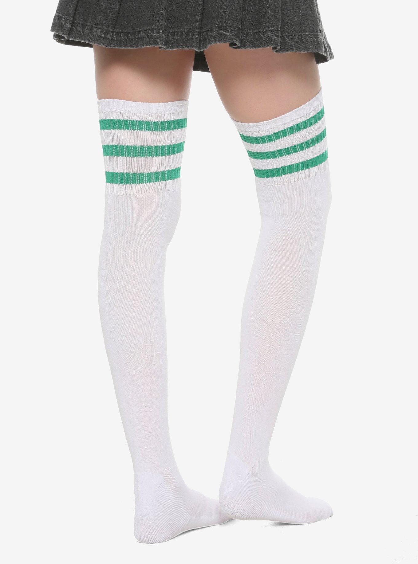 White & Green Varsity Stripe Over-The-Knee Socks, , alternate