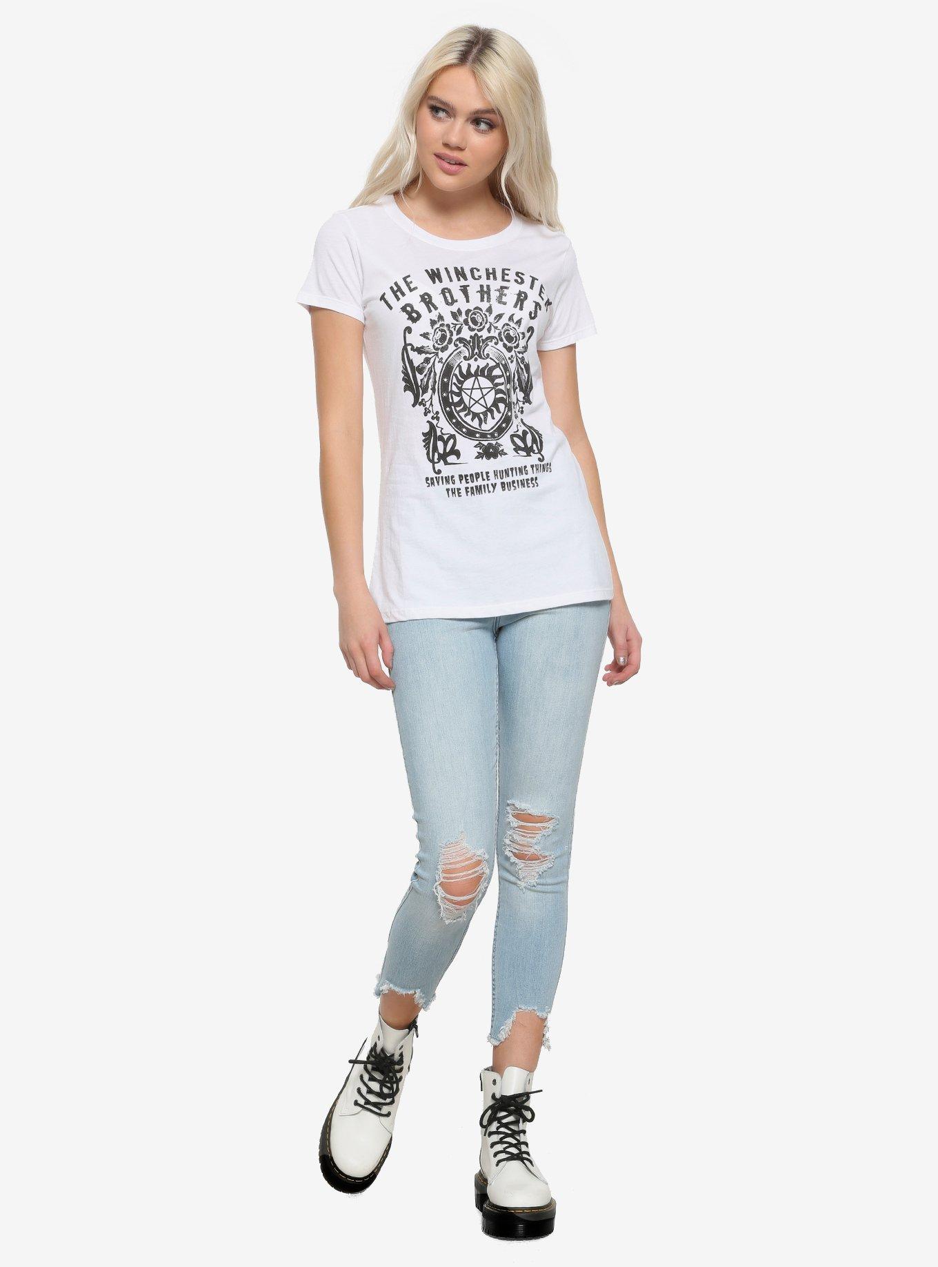 Supernatural Winchester Brothers Floral Crest Girls T-Shirt, BLACK, alternate