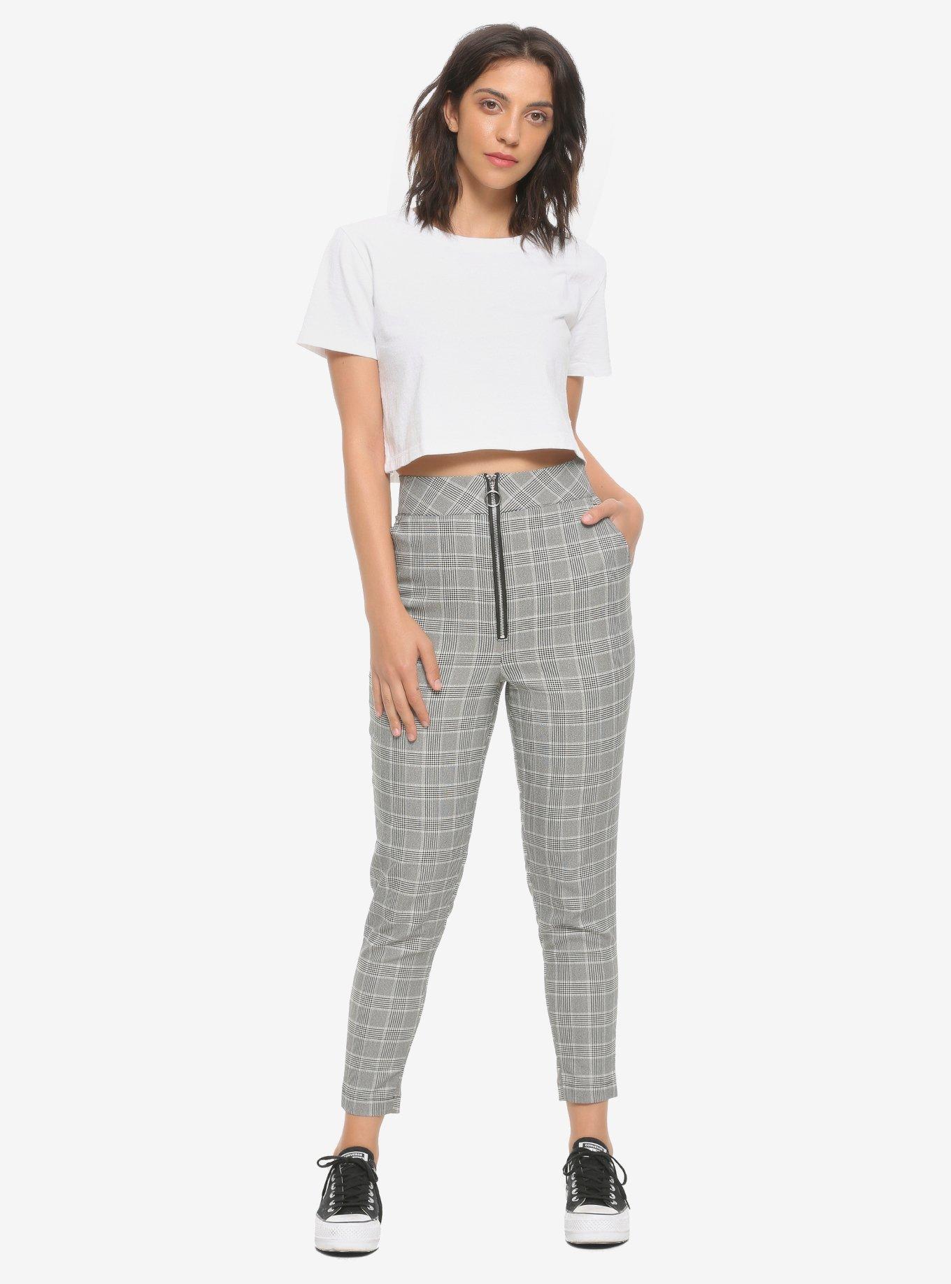 Grey Plaid O-Ring Zipper Skinny Pants, PLAID - GREY, alternate