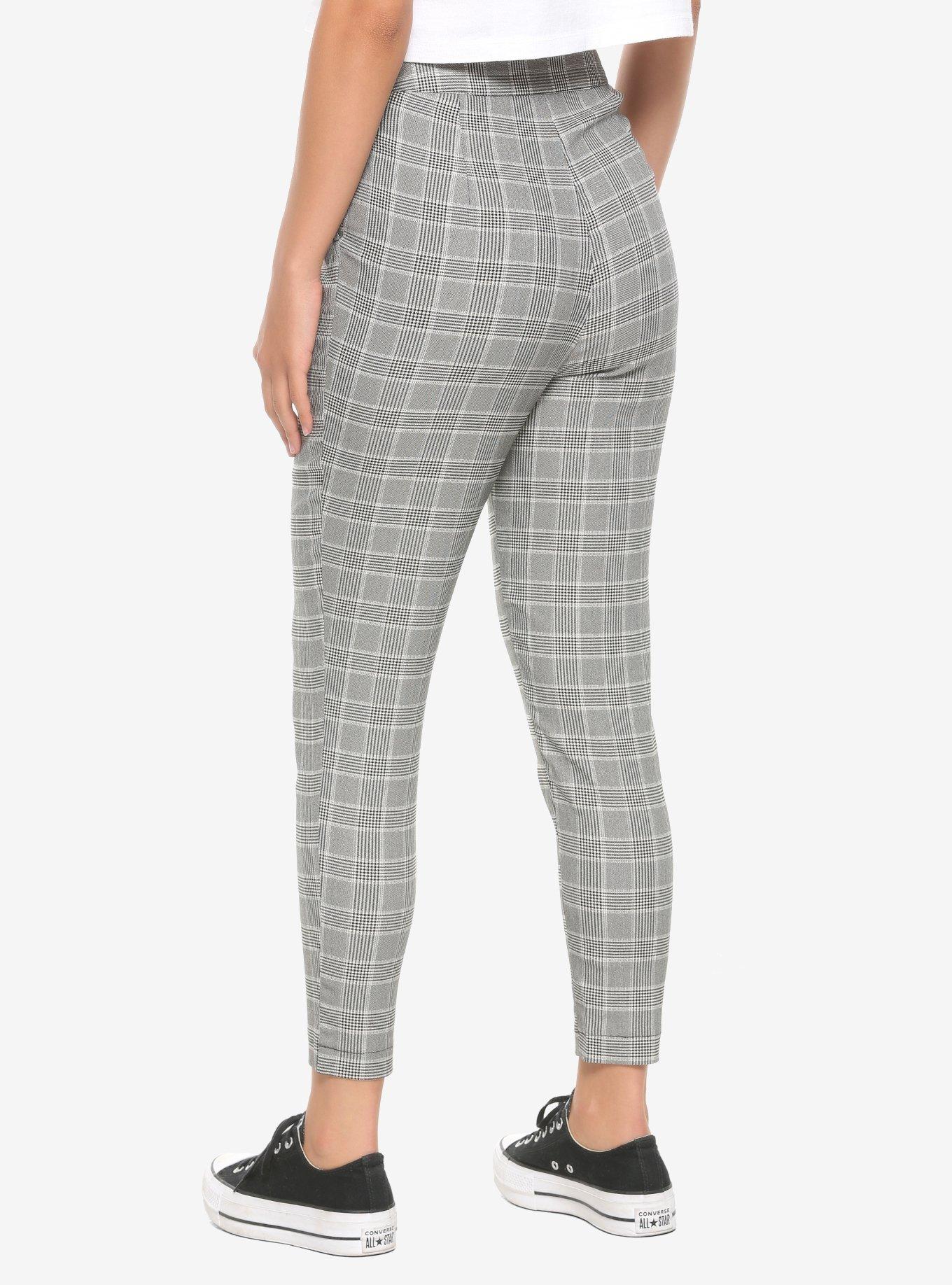 Grey Plaid O-Ring Zipper Skinny Pants, PLAID - GREY, alternate