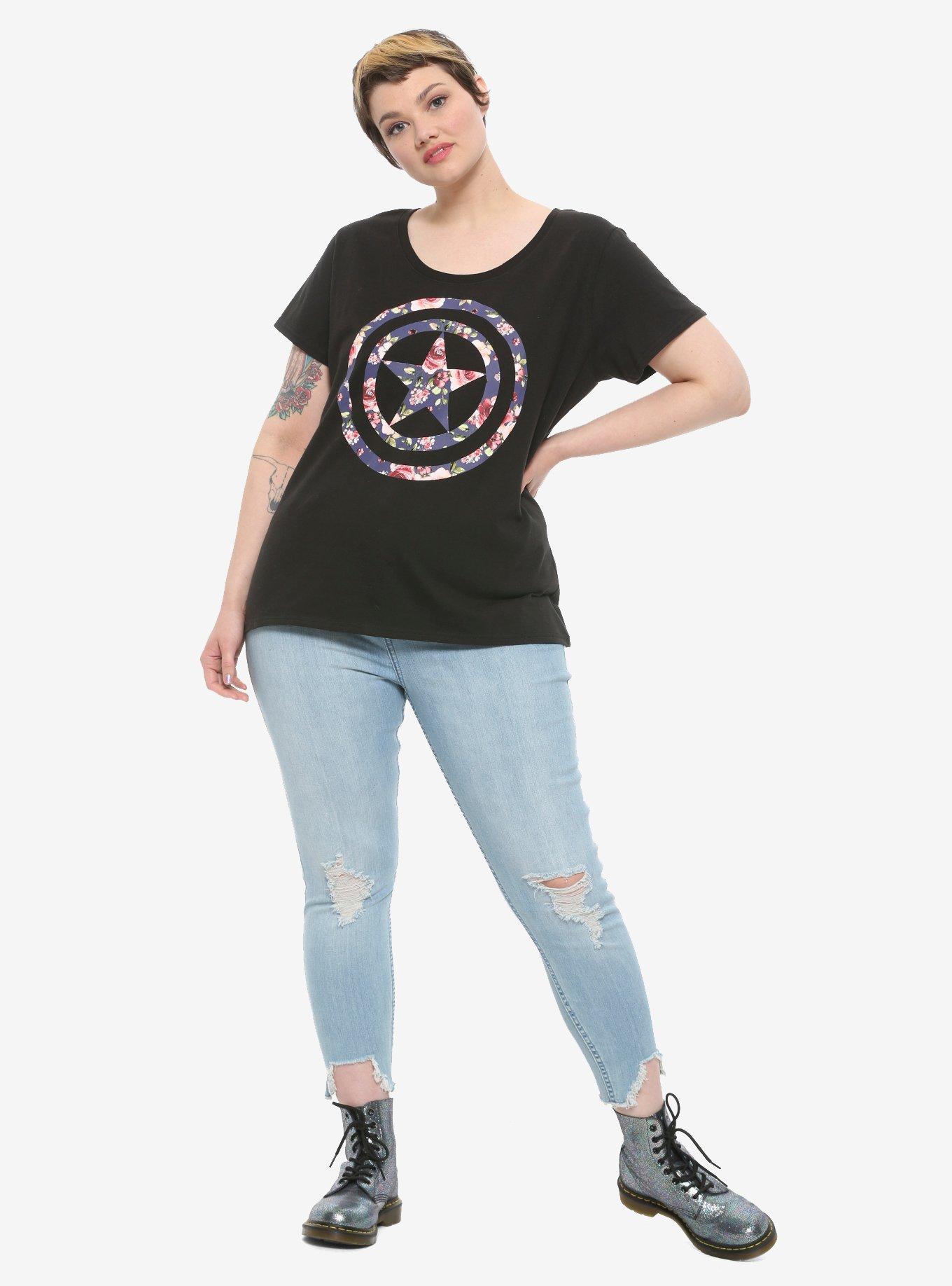 Marvel Captain America Floral Logo Girls T-Shirt Plus Size, MULTI, alternate