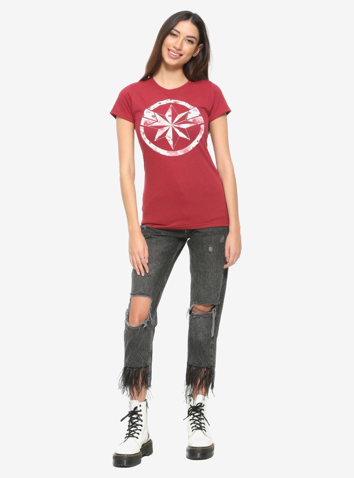 Marvel Captain Marvel Floral Logo Girls T-Shirt, MULTI, alternate