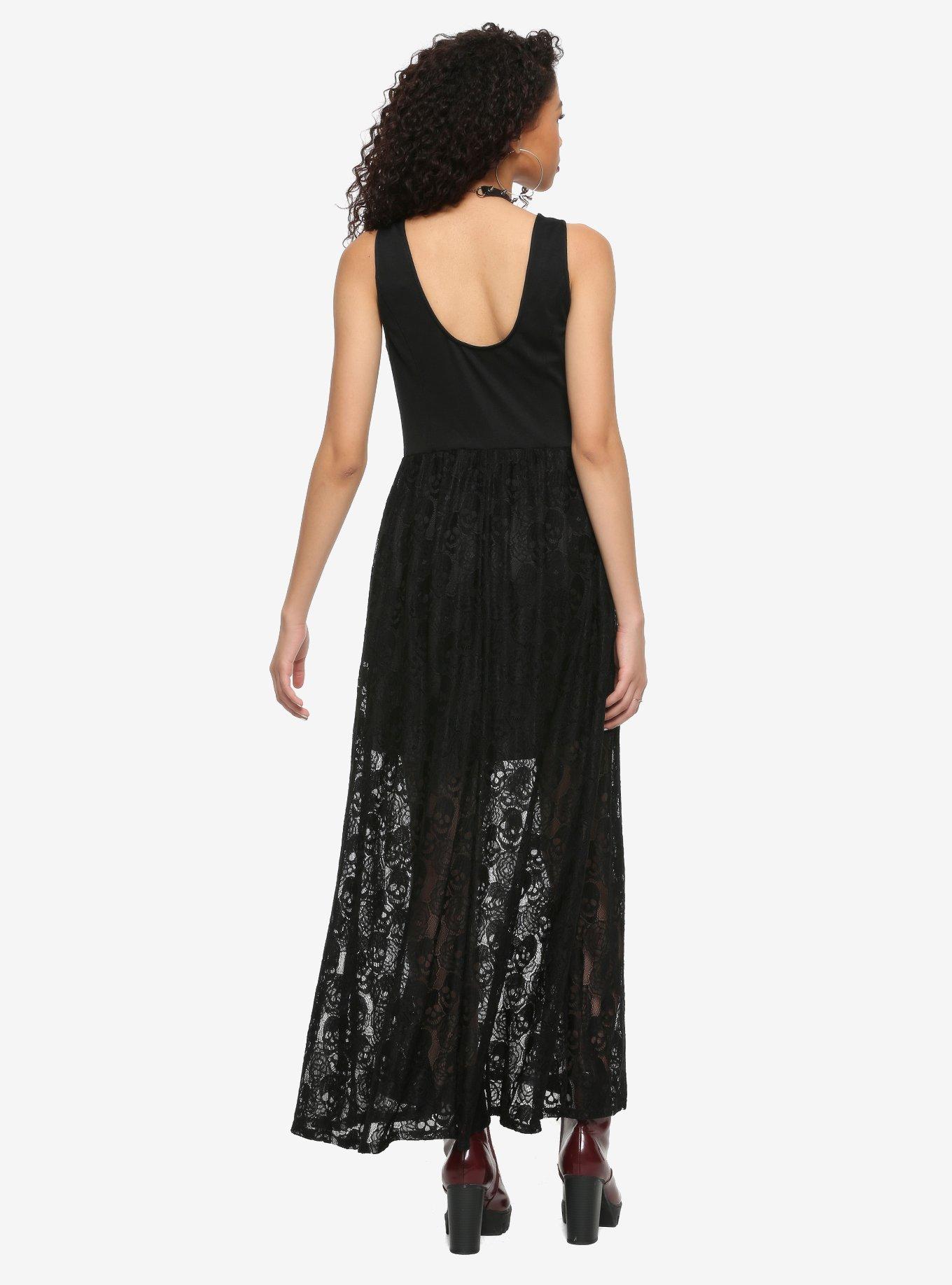 Black Lace-Up Skull Lace Maxi Dress, BLACK, alternate