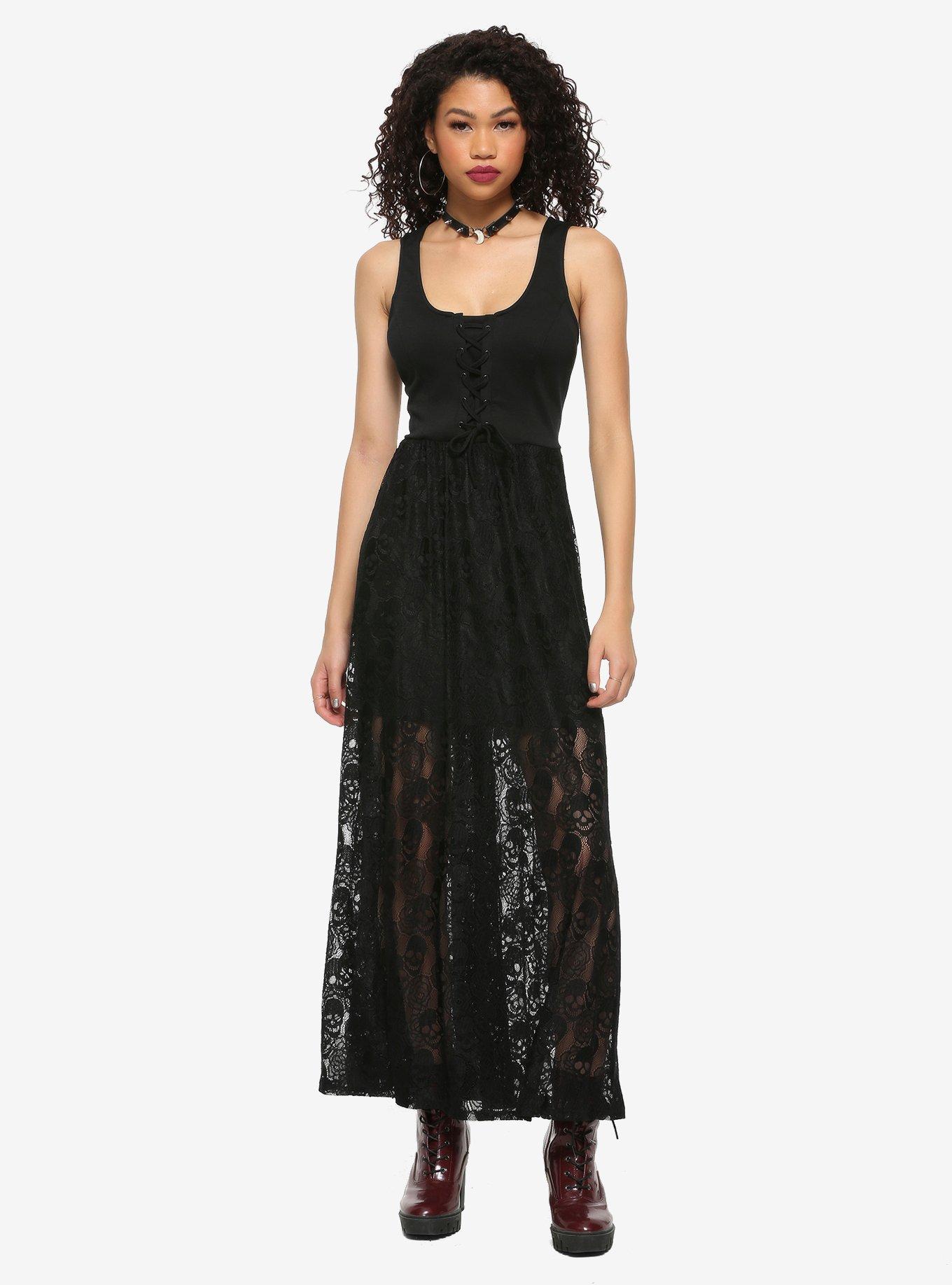 Black Lace-Up Skull Lace Maxi Dress, BLACK, alternate