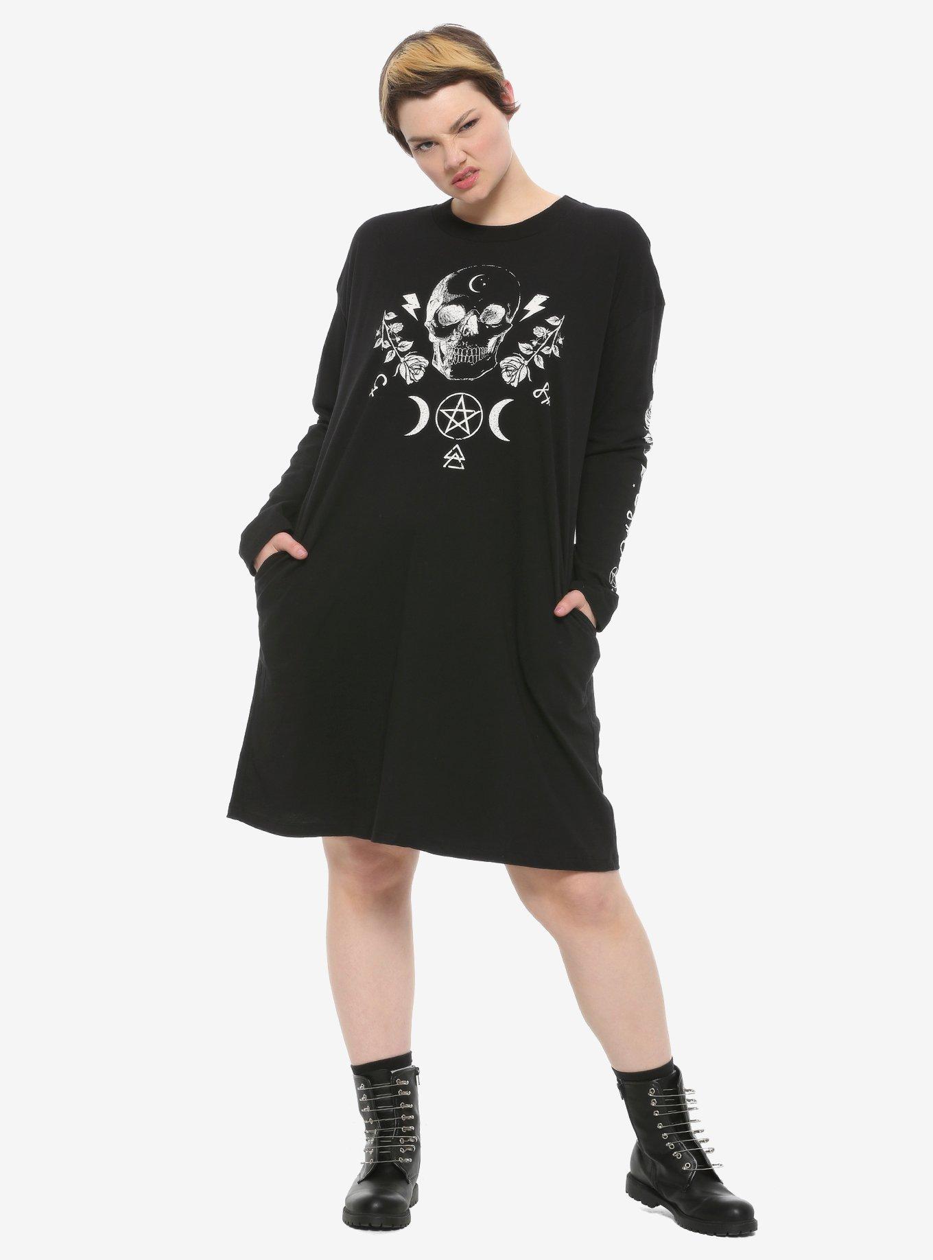 Skull & Moon T-Shirt Dress Plus Size, BLACK, alternate