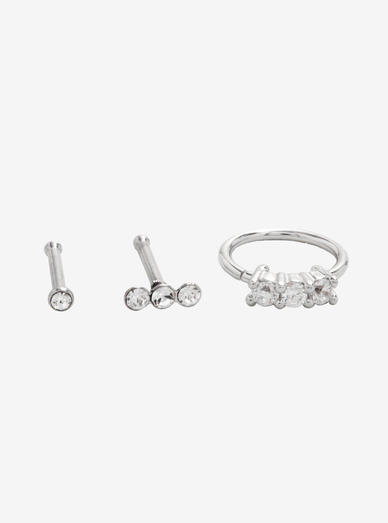 Steel Clear CZ Nose Stud & Hoop 3 Pack, SILVER, alternate