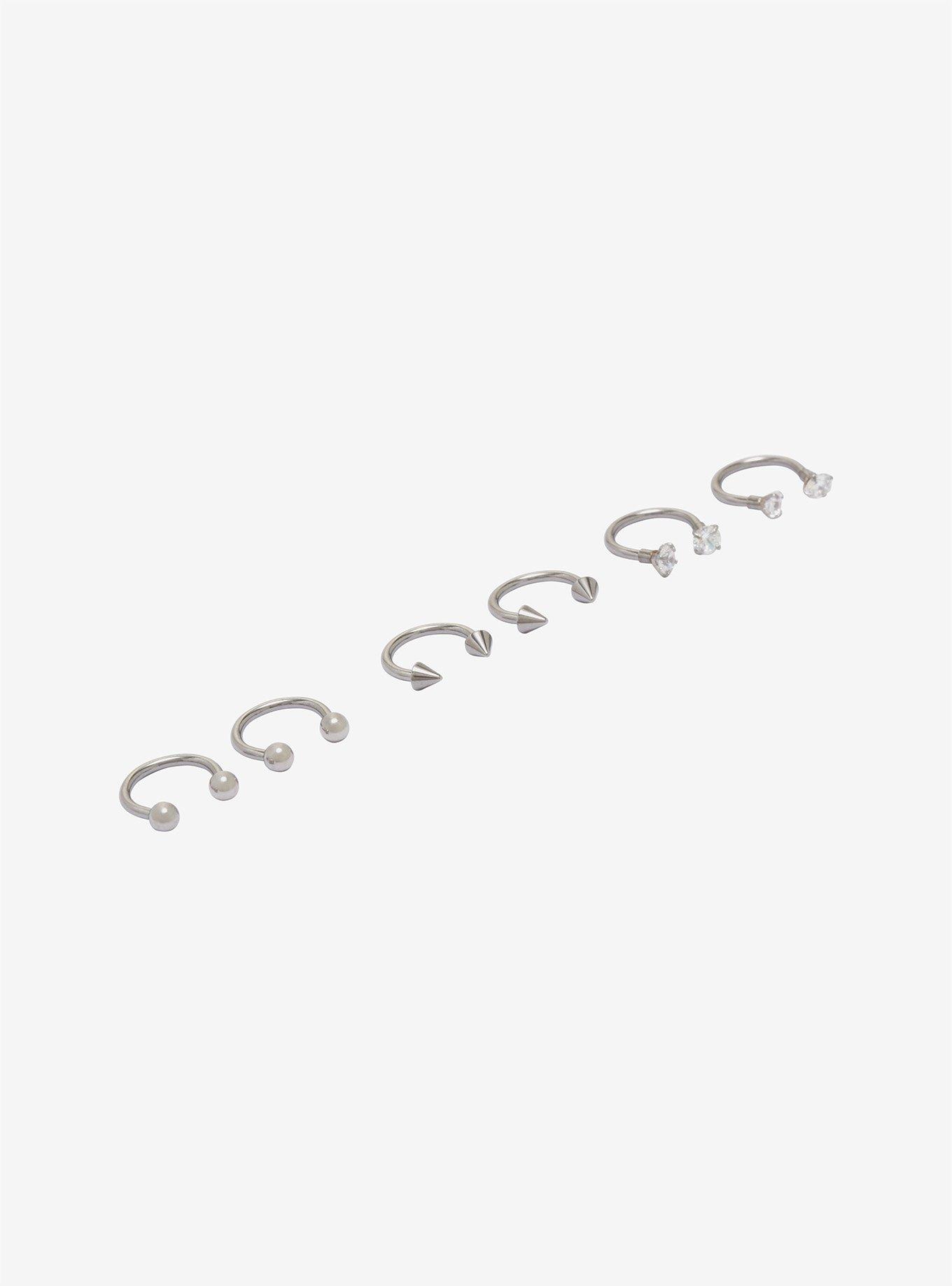 Steel Ball Spike & Clear CZ Circular Barbell 6 Pack, SILVER, alternate