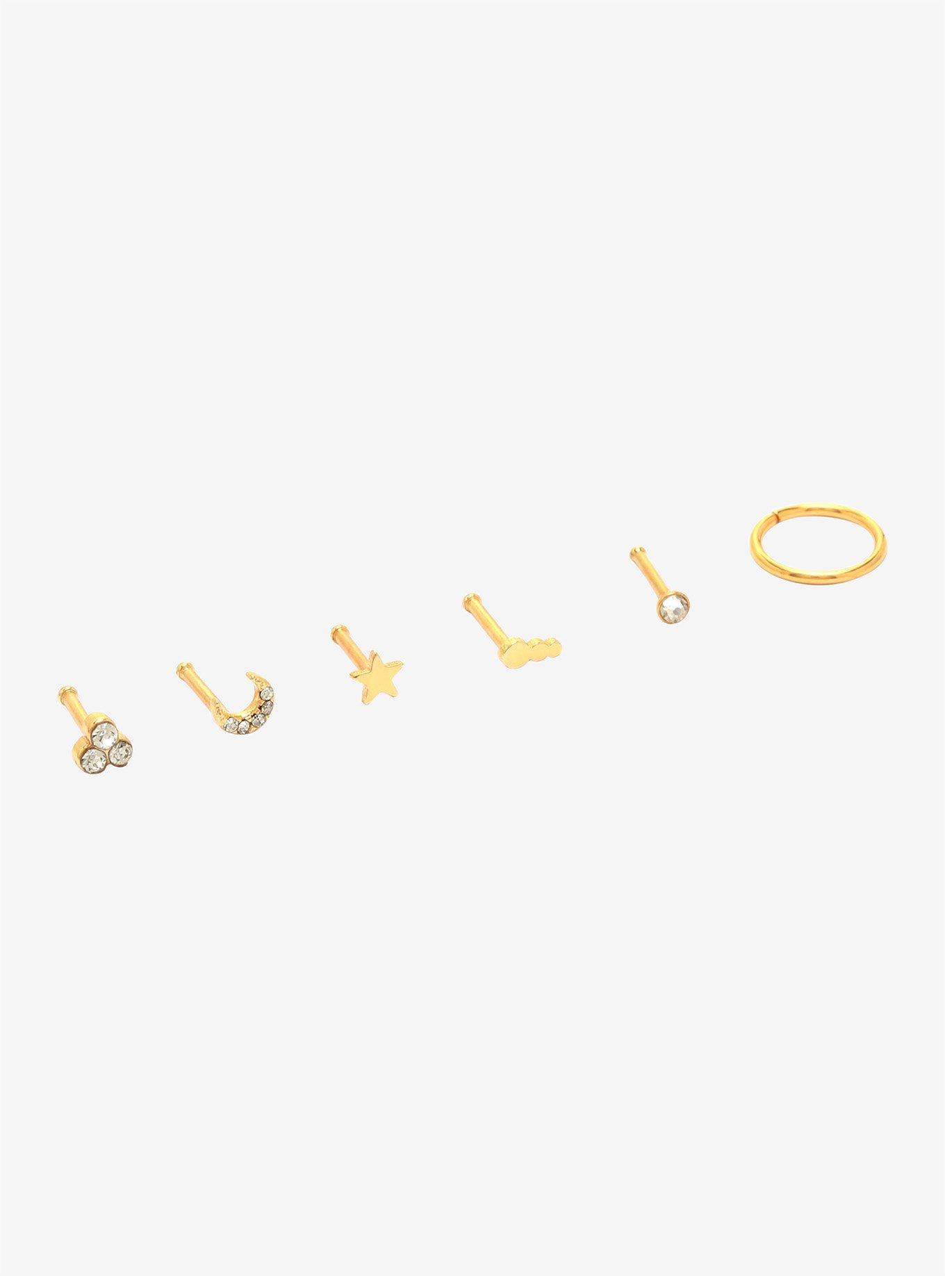 Steel Gold Moon & Stars CZ Nose Stud & Hoop 6 Pack, GOLD, alternate