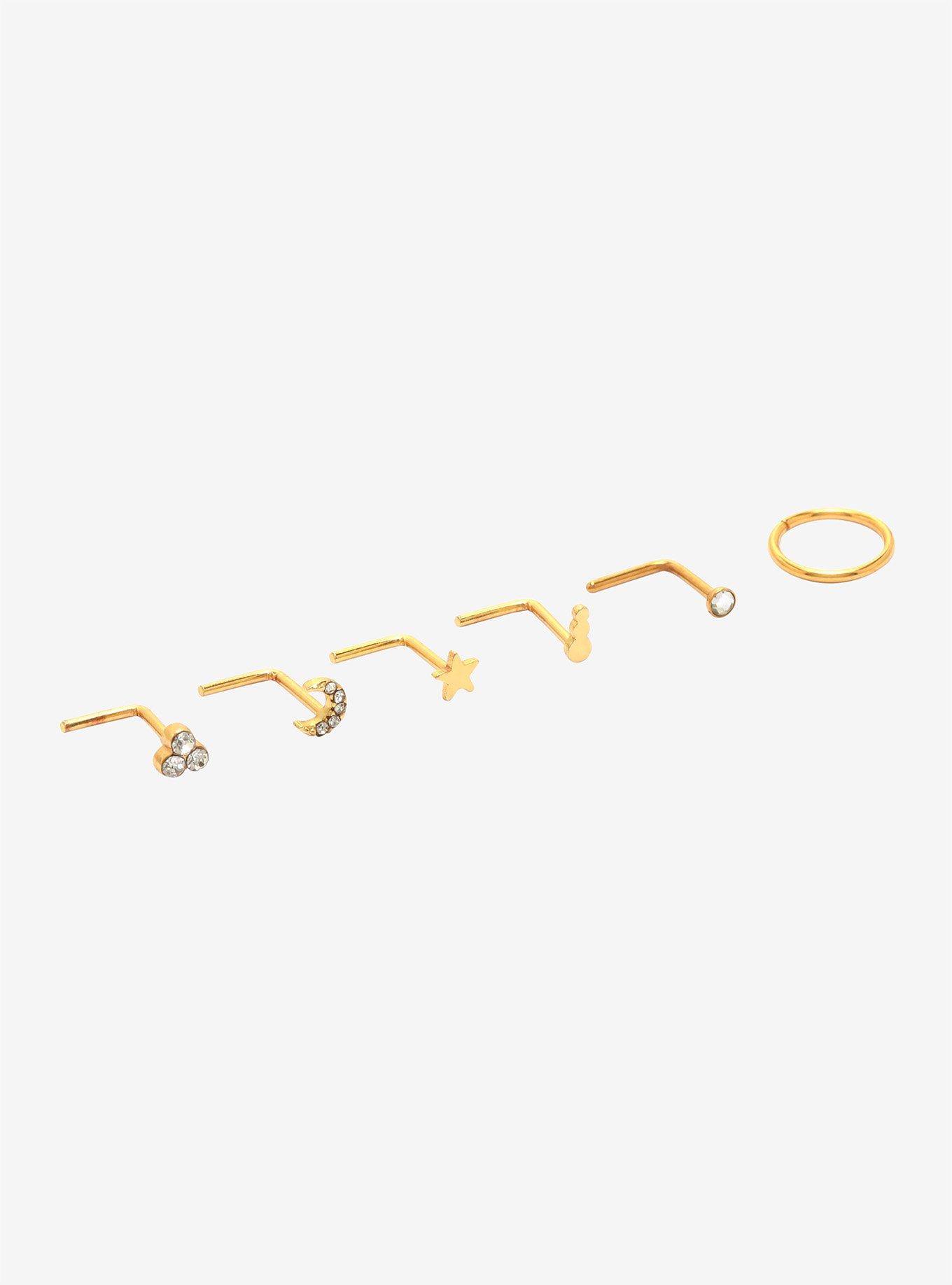 Steel Gold Moon & Stars CZ Nose Stud & Hoop 6 Pack, GOLD, alternate