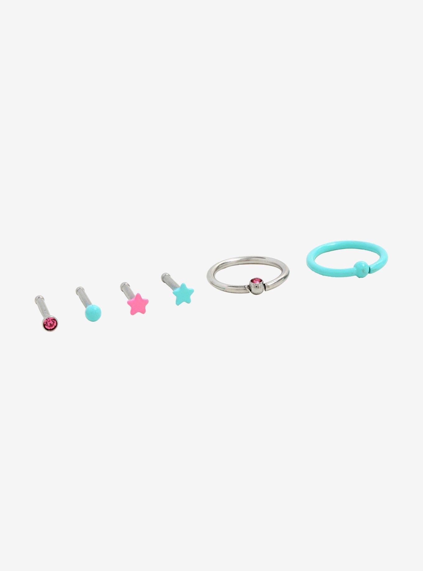 Steel Pink & Blue Nose Stud & Hoop 6 Pack, MULTI, alternate