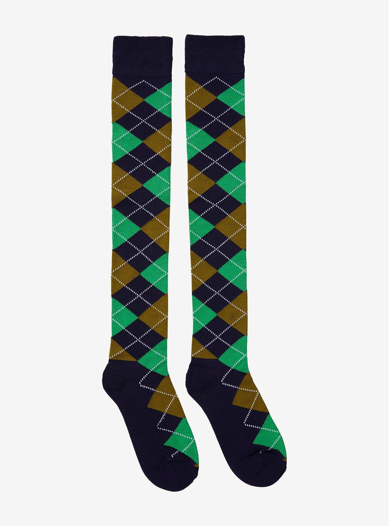 Navy Blue Green & White Argyle Over-The-Knee Socks, , alternate