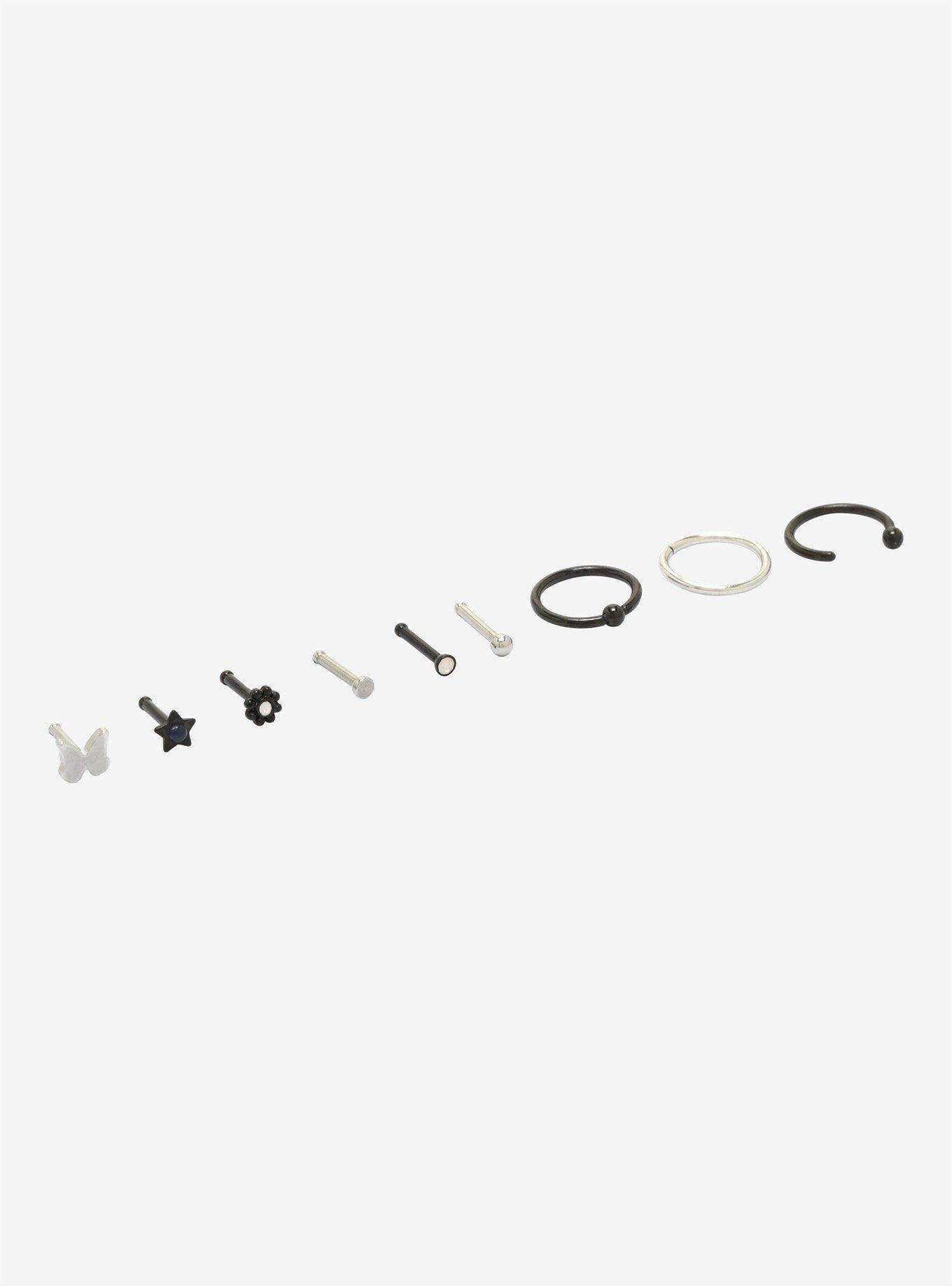 Steel Butterfly & Star Nose Stud & Hoop 9 Pack, MULTI, alternate