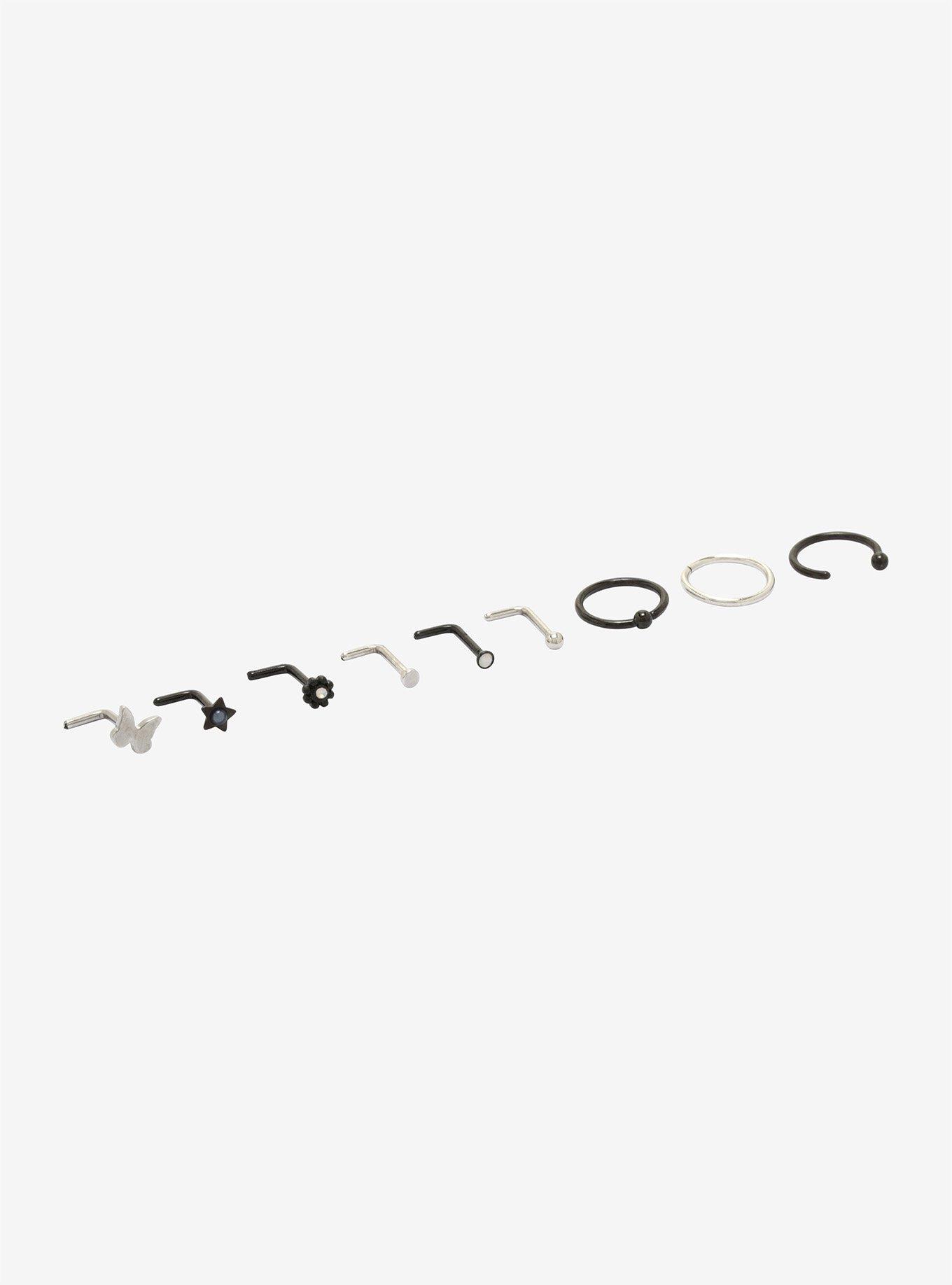 Steel Butterfly & Star Nose Stud & Hoop 9 Pack, MULTI, alternate